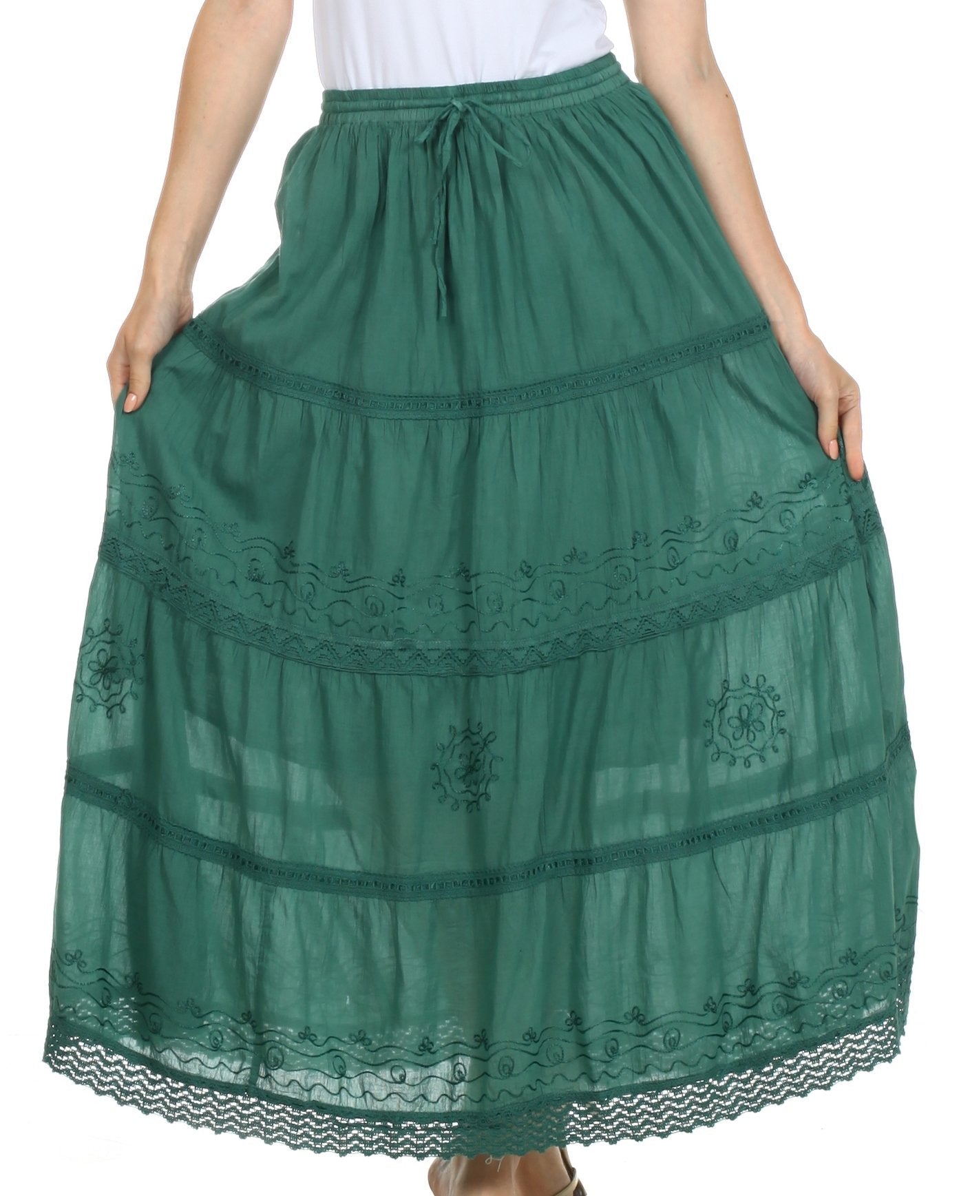 Sakkas - Solid Embroidered Crochet Lace Trim Gypsy Bohemian Mid Length Cotton Skirt