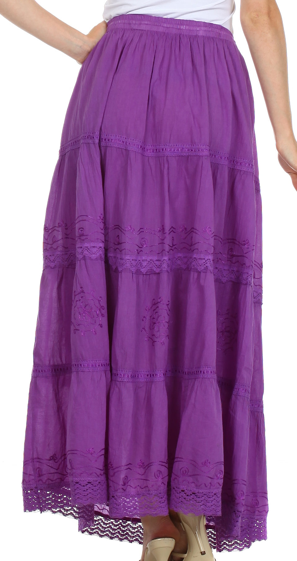 Sakkas - Solid Embroidered Crochet Lace Trim Gypsy Bohemian Mid Length Cotton Skirt