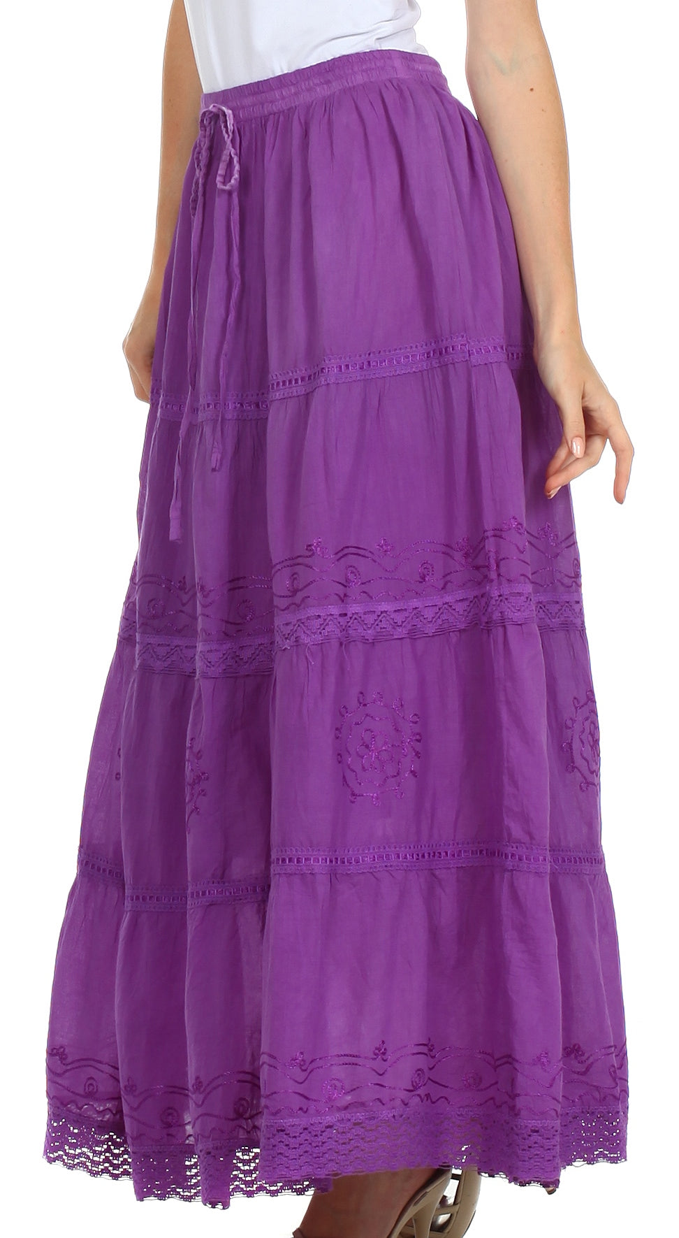 Sakkas - Solid Embroidered Crochet Lace Trim Gypsy Bohemian Mid Length Cotton Skirt