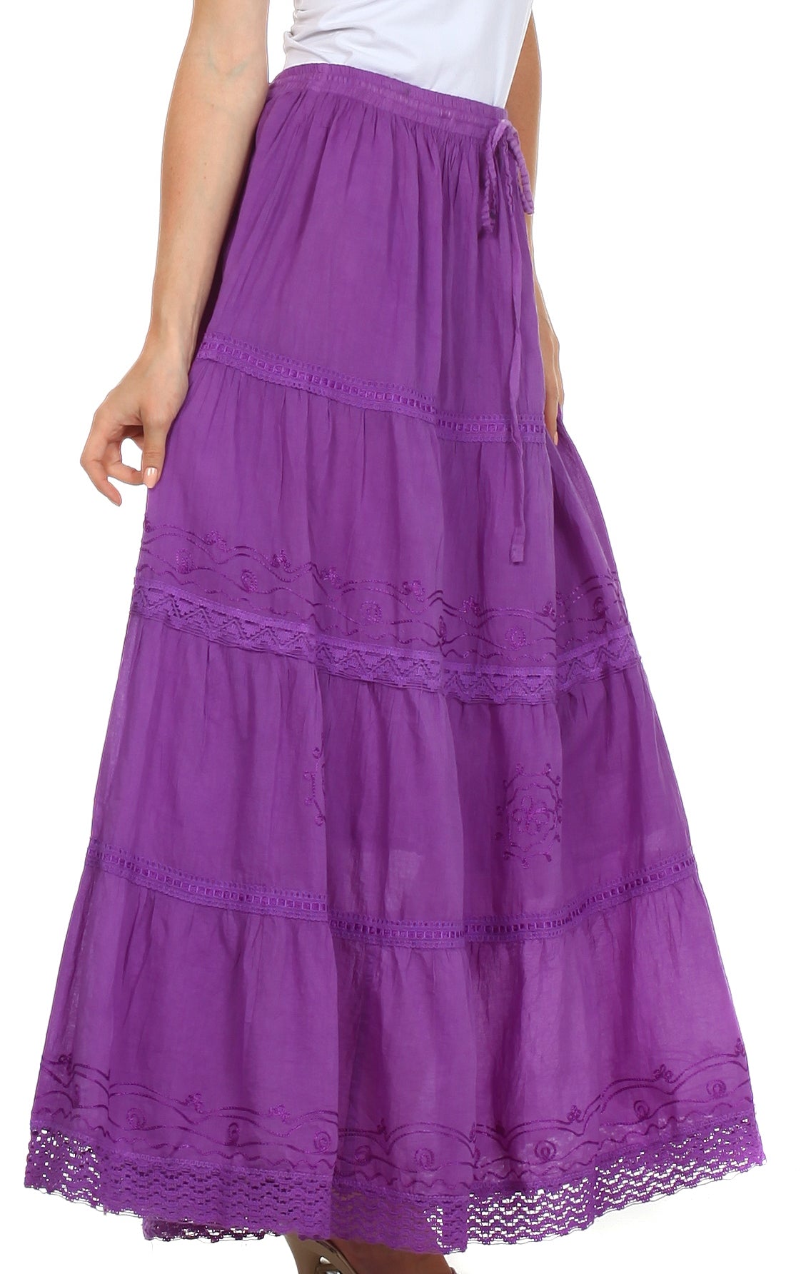 Sakkas - Solid Embroidered Crochet Lace Trim Gypsy Bohemian Mid Length Cotton Skirt