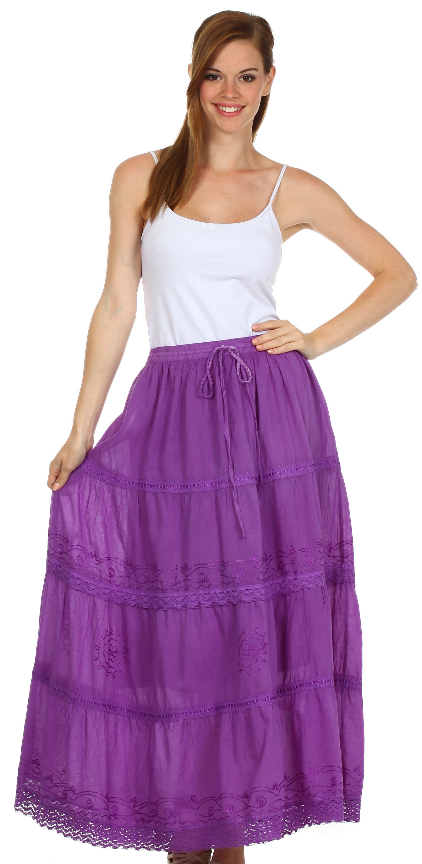 Sakkas - Solid Embroidered Crochet Lace Trim Gypsy Bohemian Mid Length Cotton Skirt