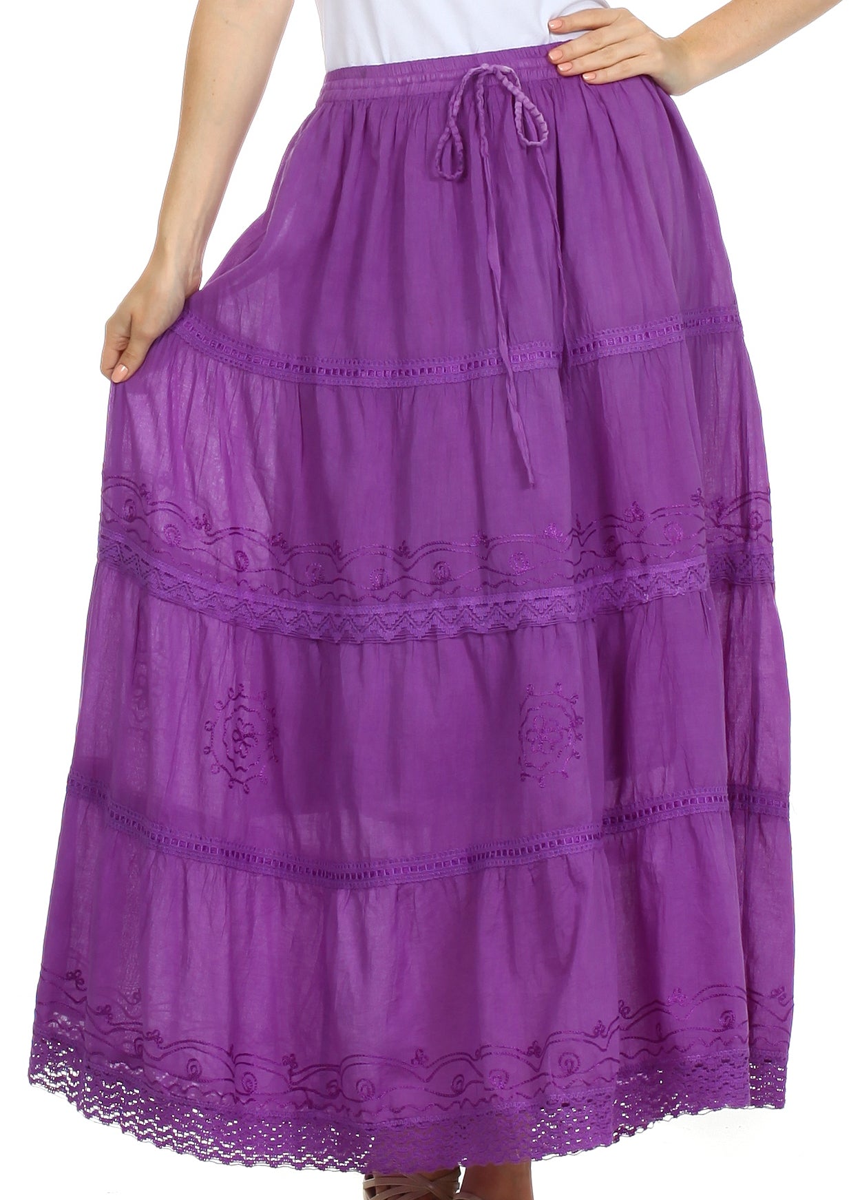Sakkas - Solid Embroidered Crochet Lace Trim Gypsy Bohemian Mid Length Cotton Skirt