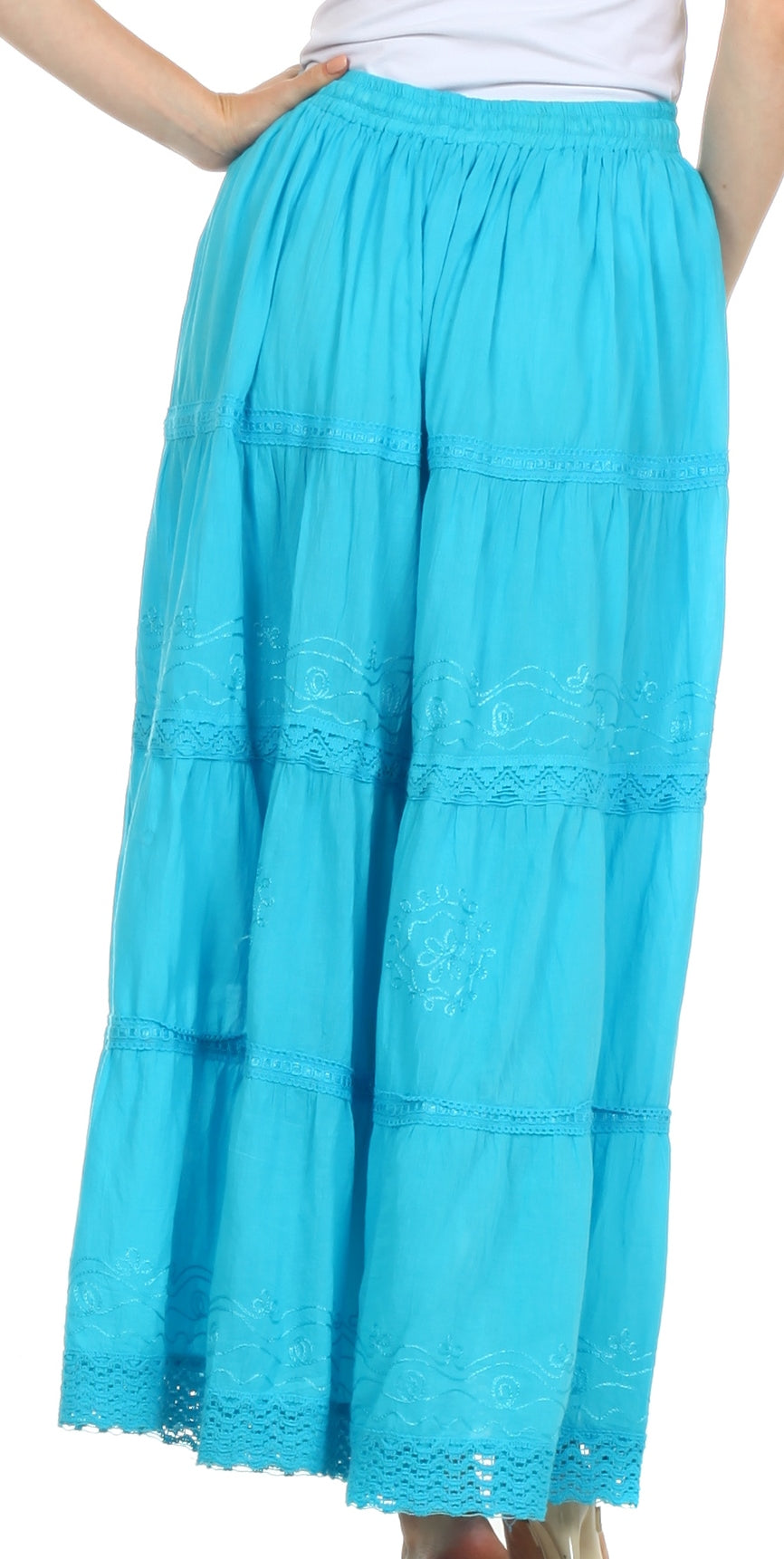 Sakkas - Solid Embroidered Crochet Lace Trim Gypsy Bohemian Mid Length Cotton Skirt