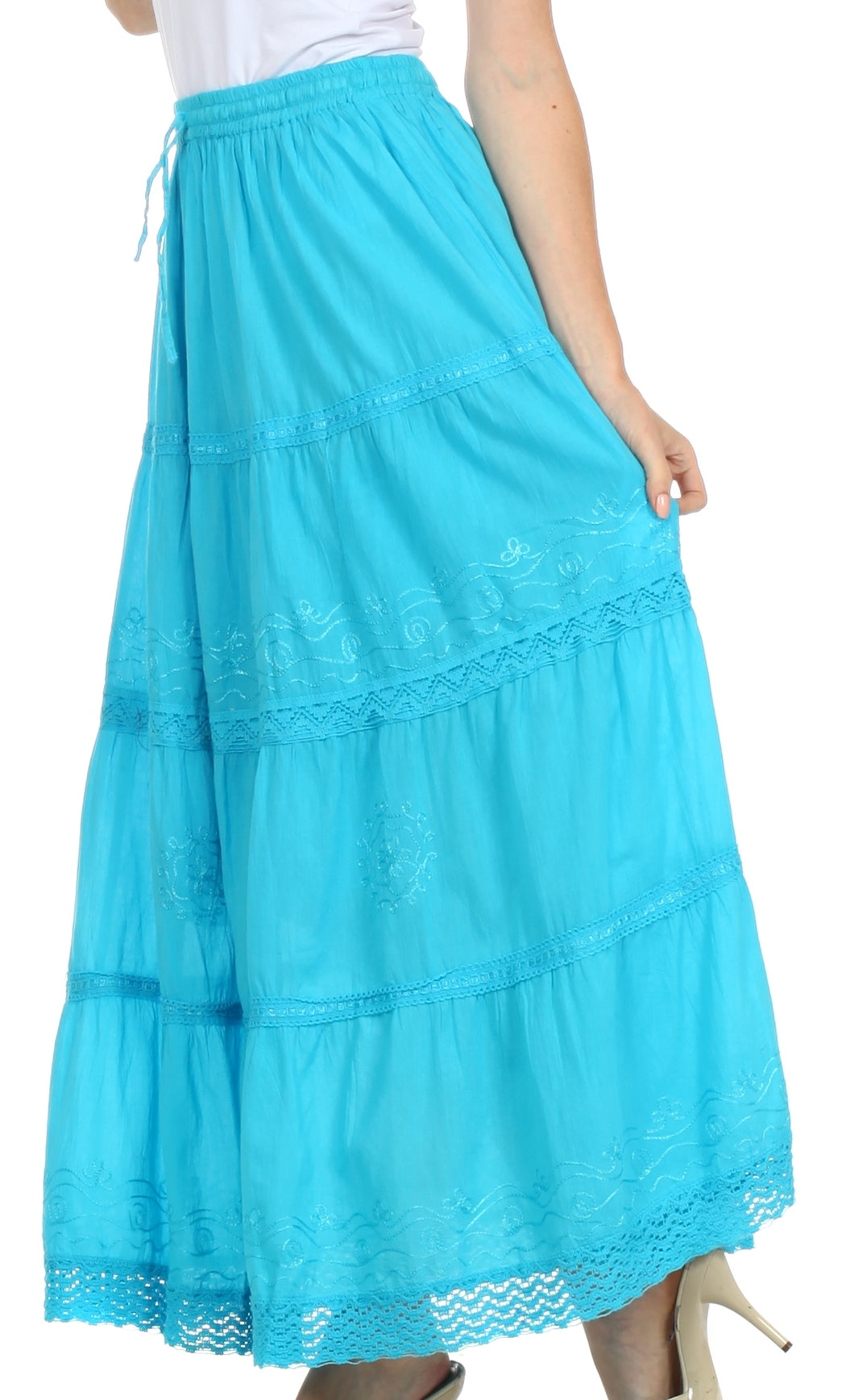 Sakkas - Solid Embroidered Crochet Lace Trim Gypsy Bohemian Mid Length Cotton Skirt