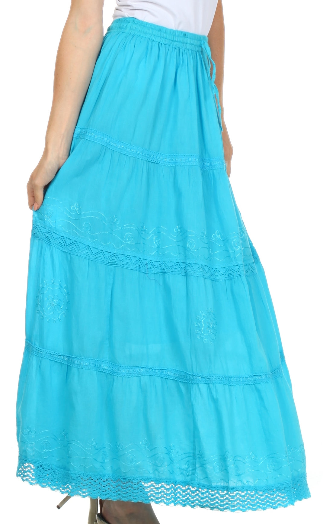 Sakkas - Solid Embroidered Crochet Lace Trim Gypsy Bohemian Mid Length Cotton Skirt