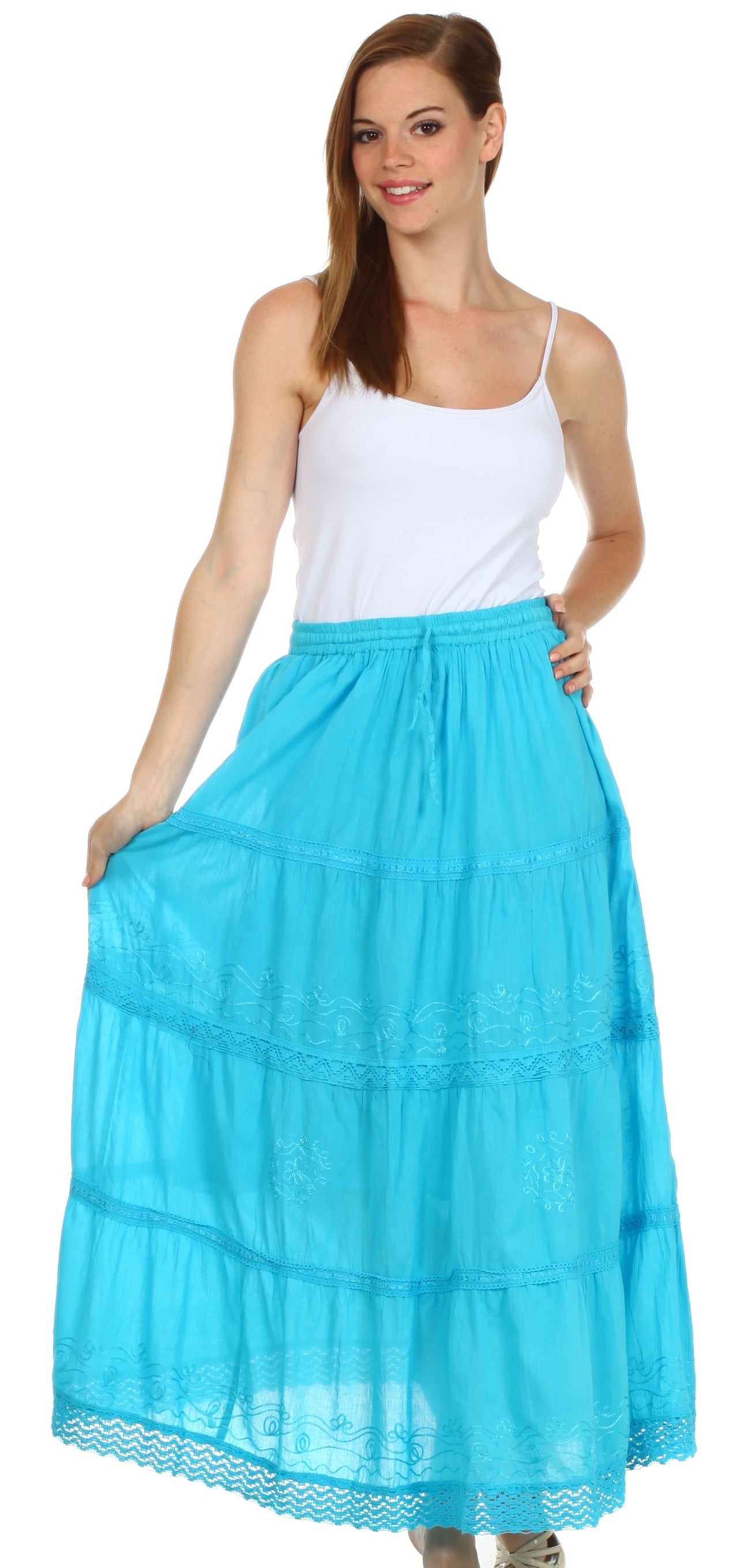 Sakkas - Solid Embroidered Crochet Lace Trim Gypsy Bohemian Mid Length Cotton Skirt