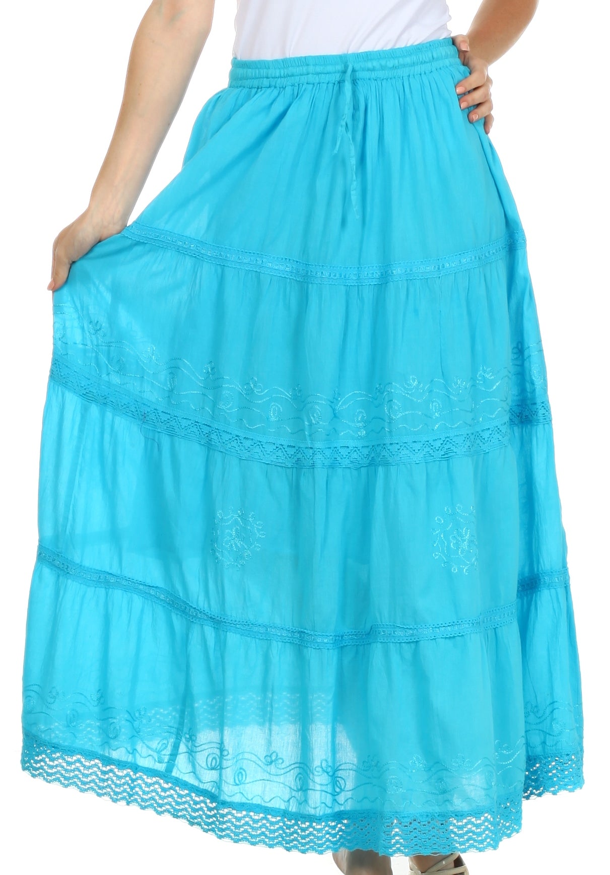 Sakkas - Solid Embroidered Crochet Lace Trim Gypsy Bohemian Mid Length Cotton Skirt