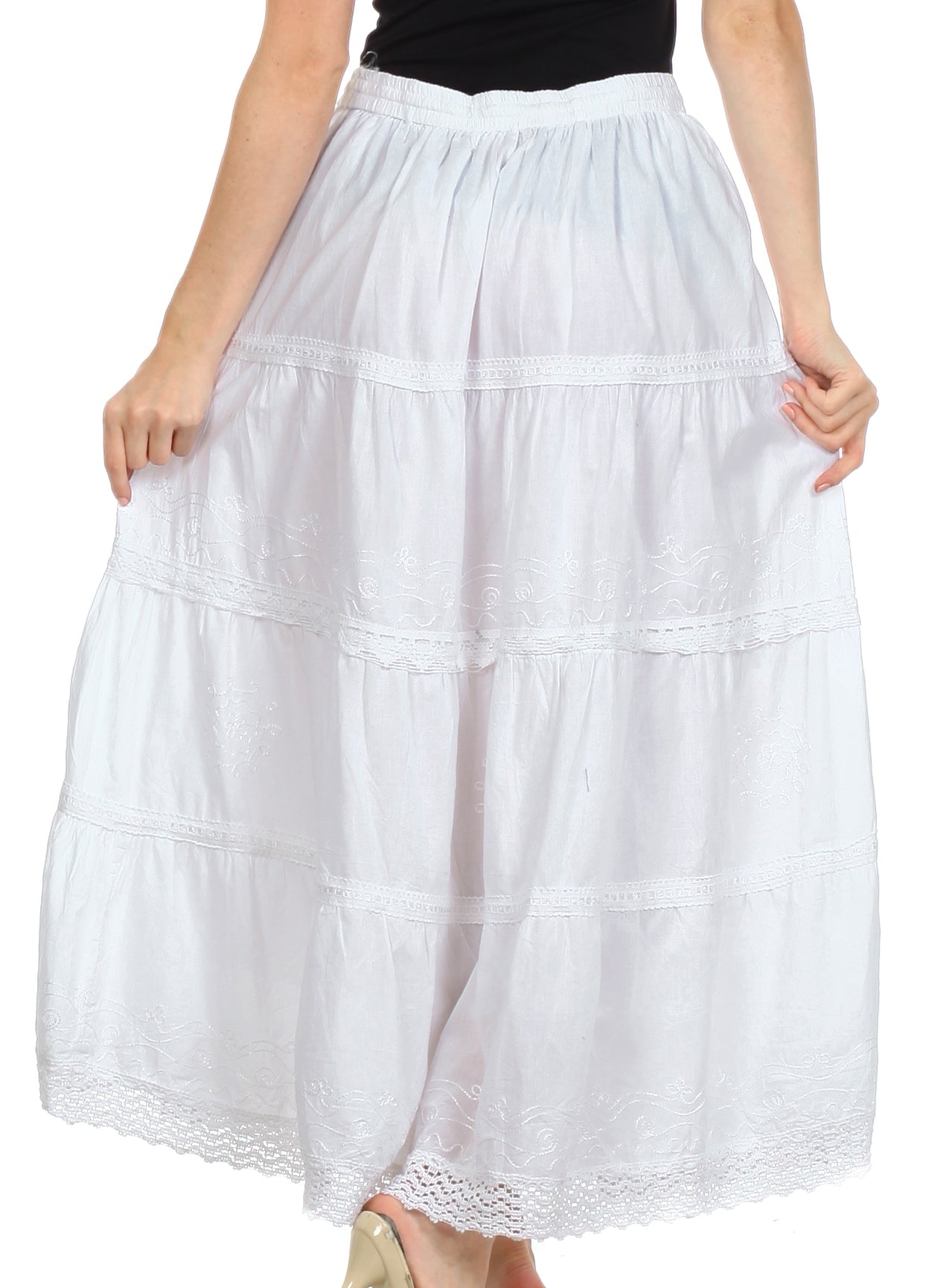 Sakkas - Solid Embroidered Crochet Lace Trim Gypsy Bohemian Mid Length Cotton Skirt
