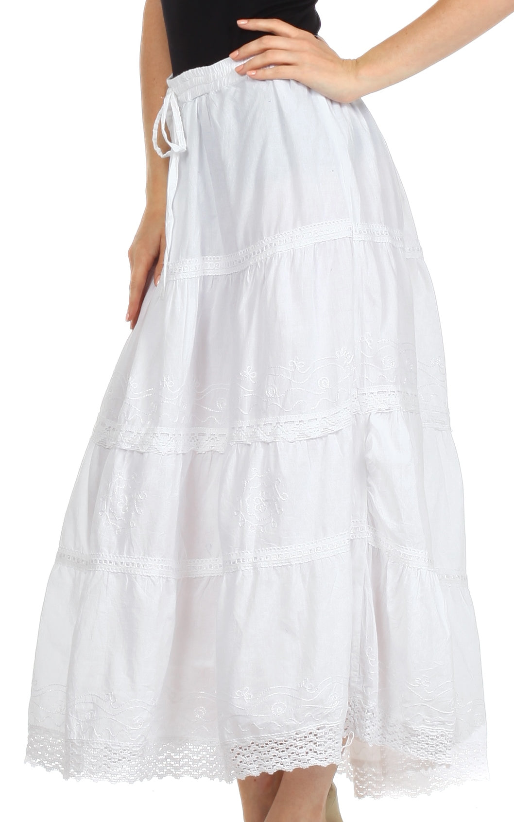 Sakkas - Solid Embroidered Crochet Lace Trim Gypsy Bohemian Mid Length Cotton Skirt