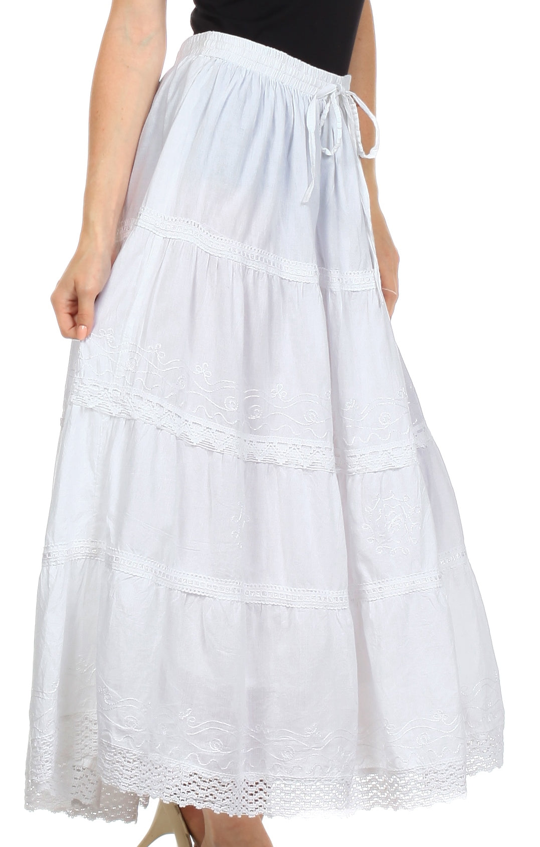 Sakkas - Solid Embroidered Crochet Lace Trim Gypsy Bohemian Mid Length Cotton Skirt