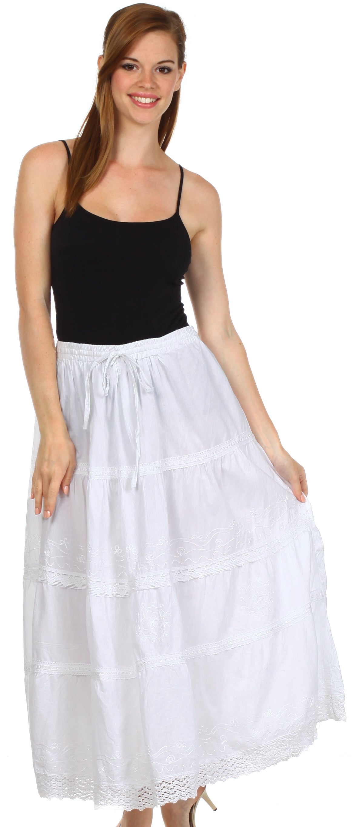 Sakkas - Solid Embroidered Crochet Lace Trim Gypsy Bohemian Mid Length Cotton Skirt
