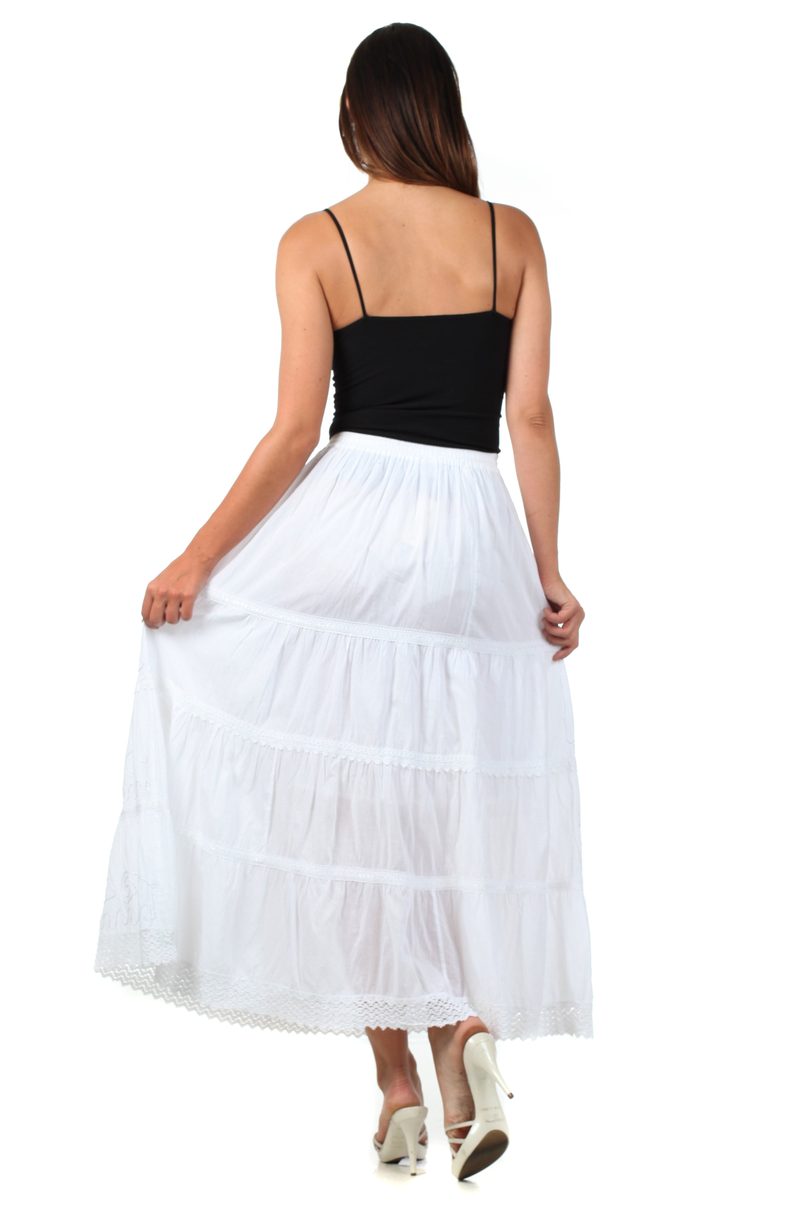 Sakkas - Solid Embroidered Crochet Lace Trim Gypsy Bohemian Mid Length Cotton Skirt