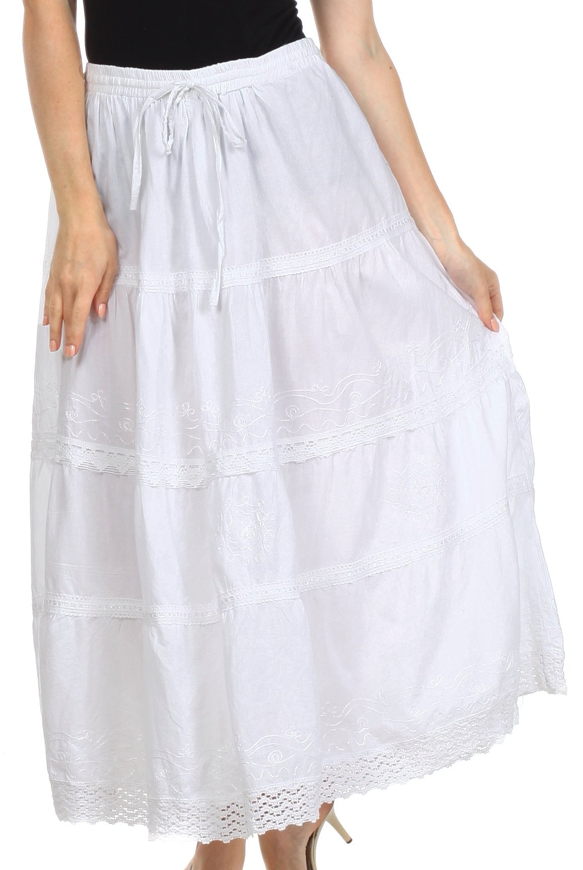 Sakkas - Solid Embroidered Crochet Lace Trim Gypsy Bohemian Mid Length Cotton Skirt