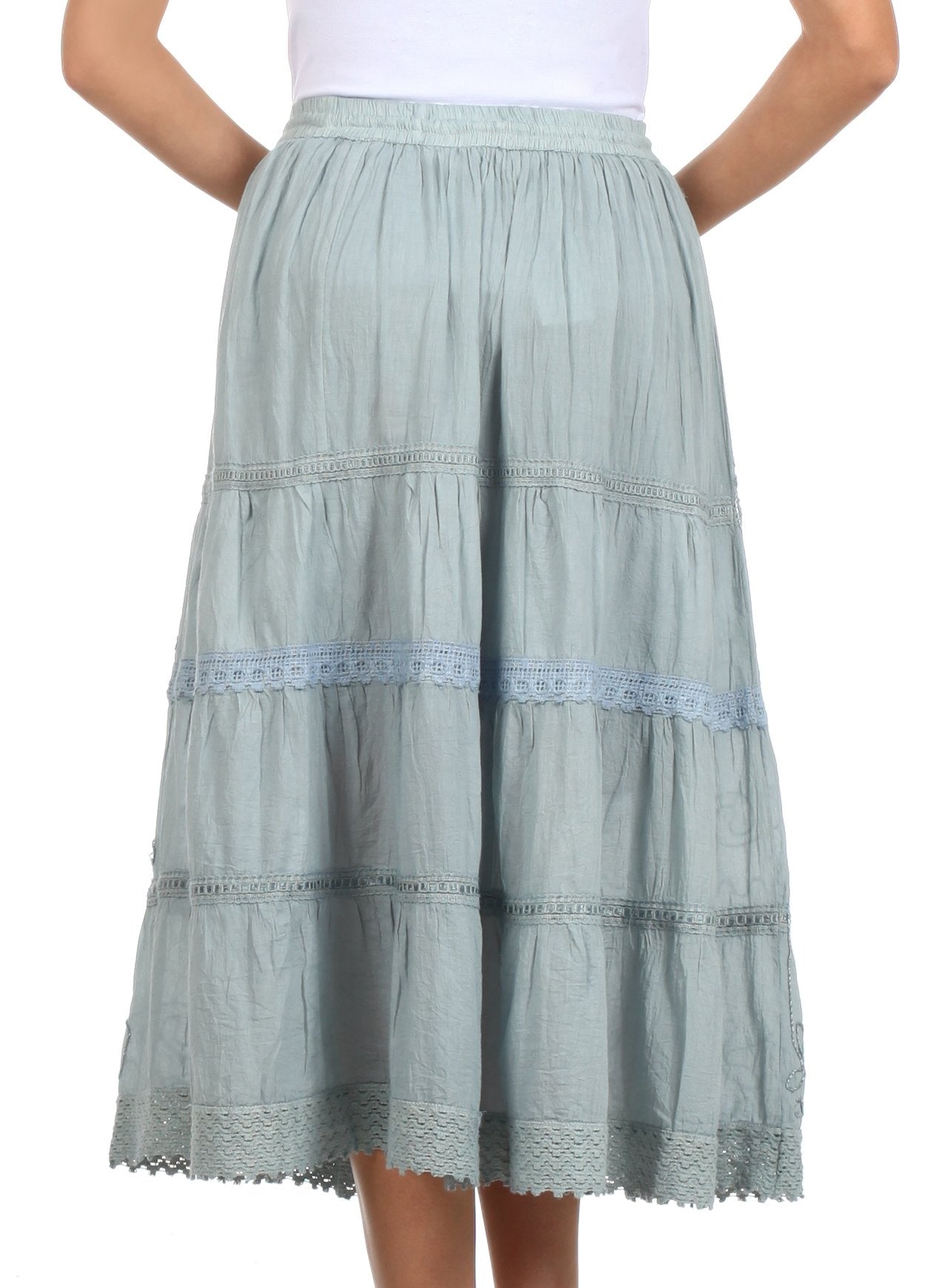 Sakkas - Solid Embroidered Crochet Lace Trim Gypsy Bohemian Mid Length Cotton Skirt