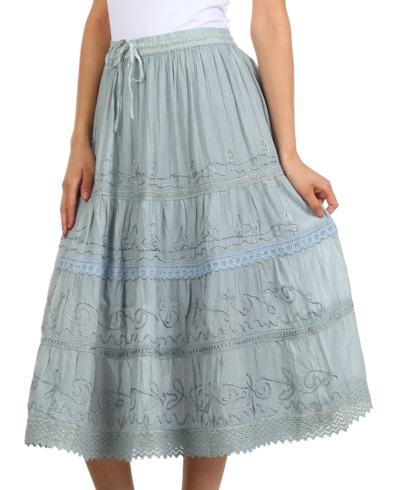 Sakkas - Solid Embroidered Crochet Lace Trim Gypsy Bohemian Mid Length Cotton Skirt