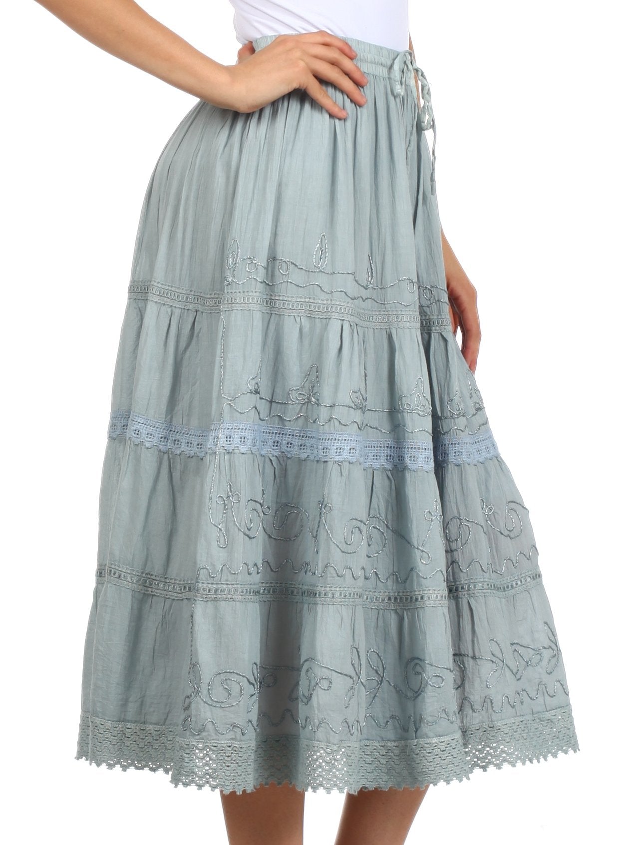 Sakkas - Solid Embroidered Crochet Lace Trim Gypsy Bohemian Mid Length Cotton Skirt