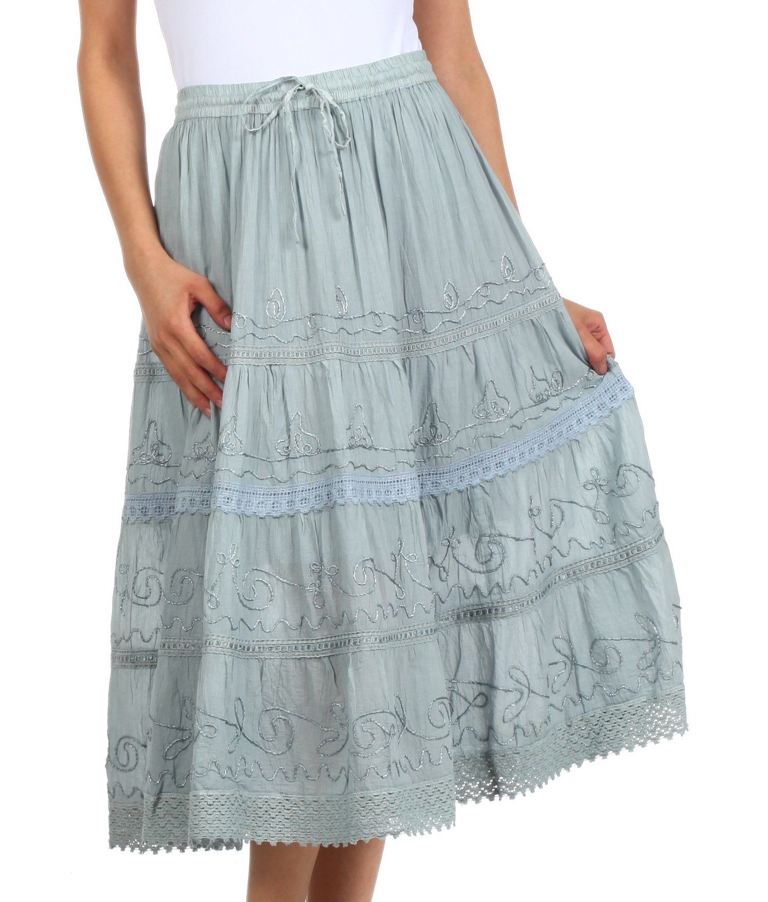 Sakkas - Solid Embroidered Crochet Lace Trim Gypsy Bohemian Mid Length Cotton Skirt