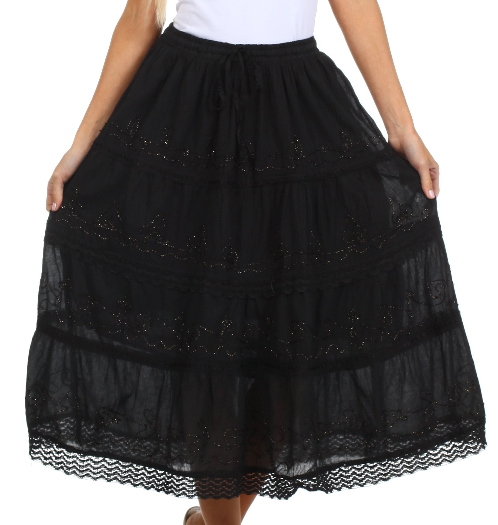 Sakkas - Solid Embroidered Crochet Lace Trim Gypsy Bohemian Mid Length Cotton Skirt
