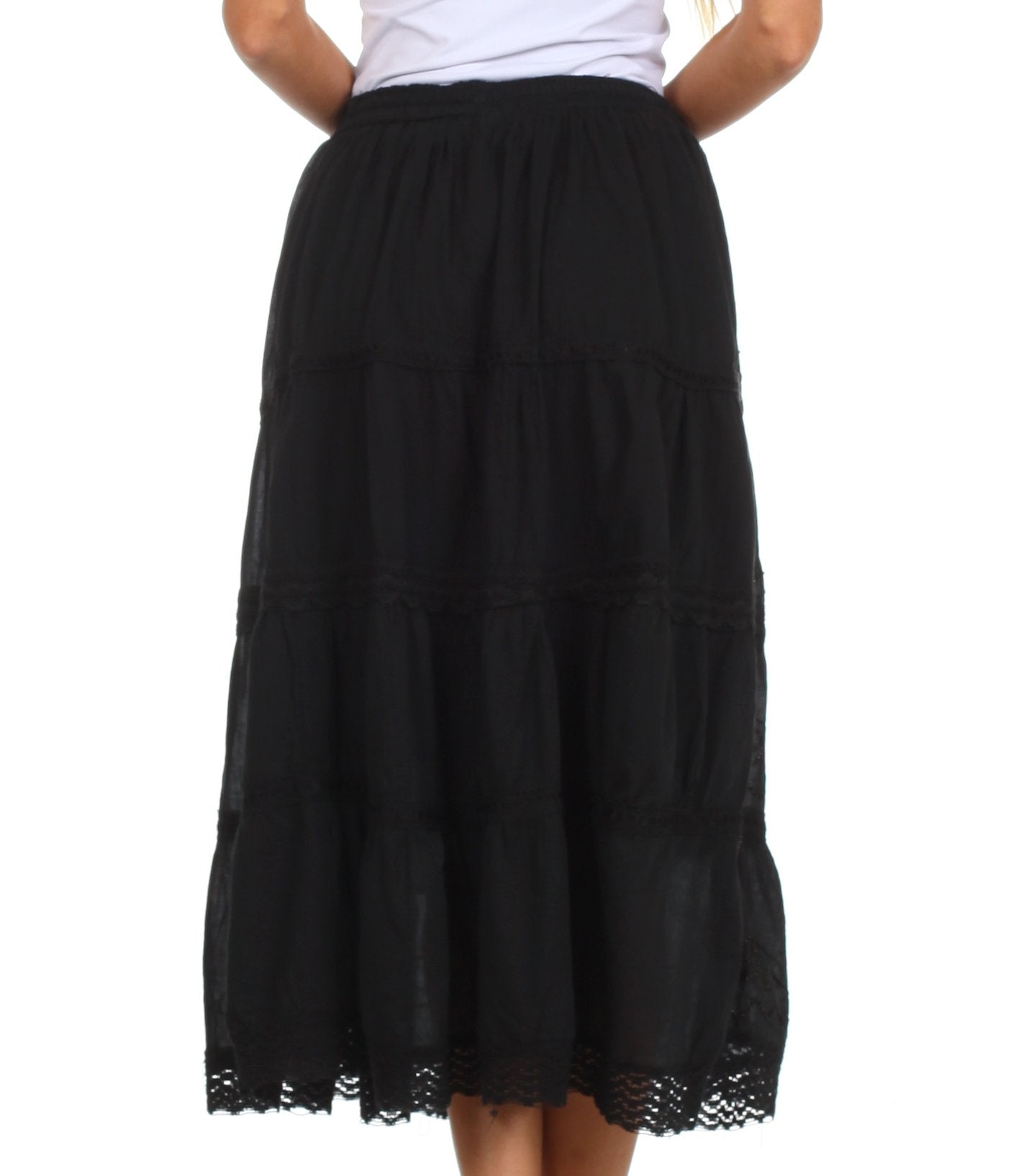 Sakkas - Solid Embroidered Crochet Lace Trim Gypsy Bohemian Mid Length Cotton Skirt