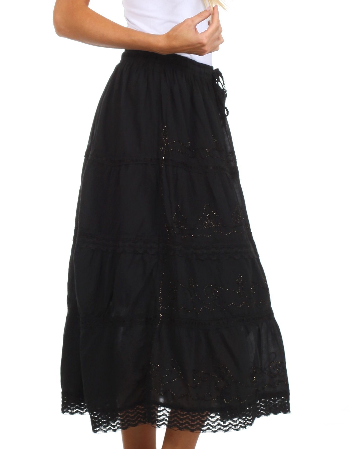Sakkas - Solid Embroidered Crochet Lace Trim Gypsy Bohemian Mid Length Cotton Skirt