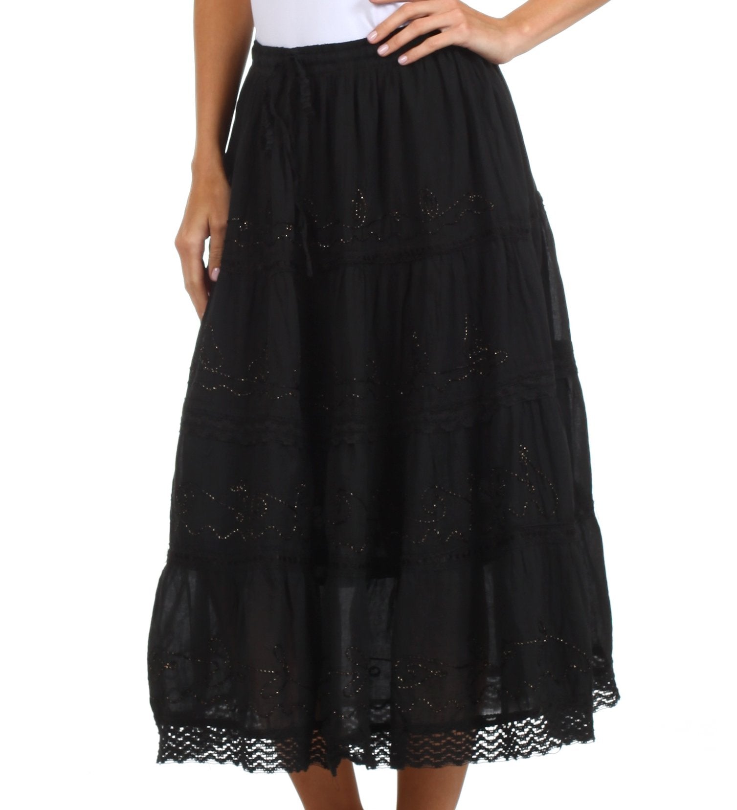 Sakkas - Solid Embroidered Crochet Lace Trim Gypsy Bohemian Mid Length Cotton Skirt