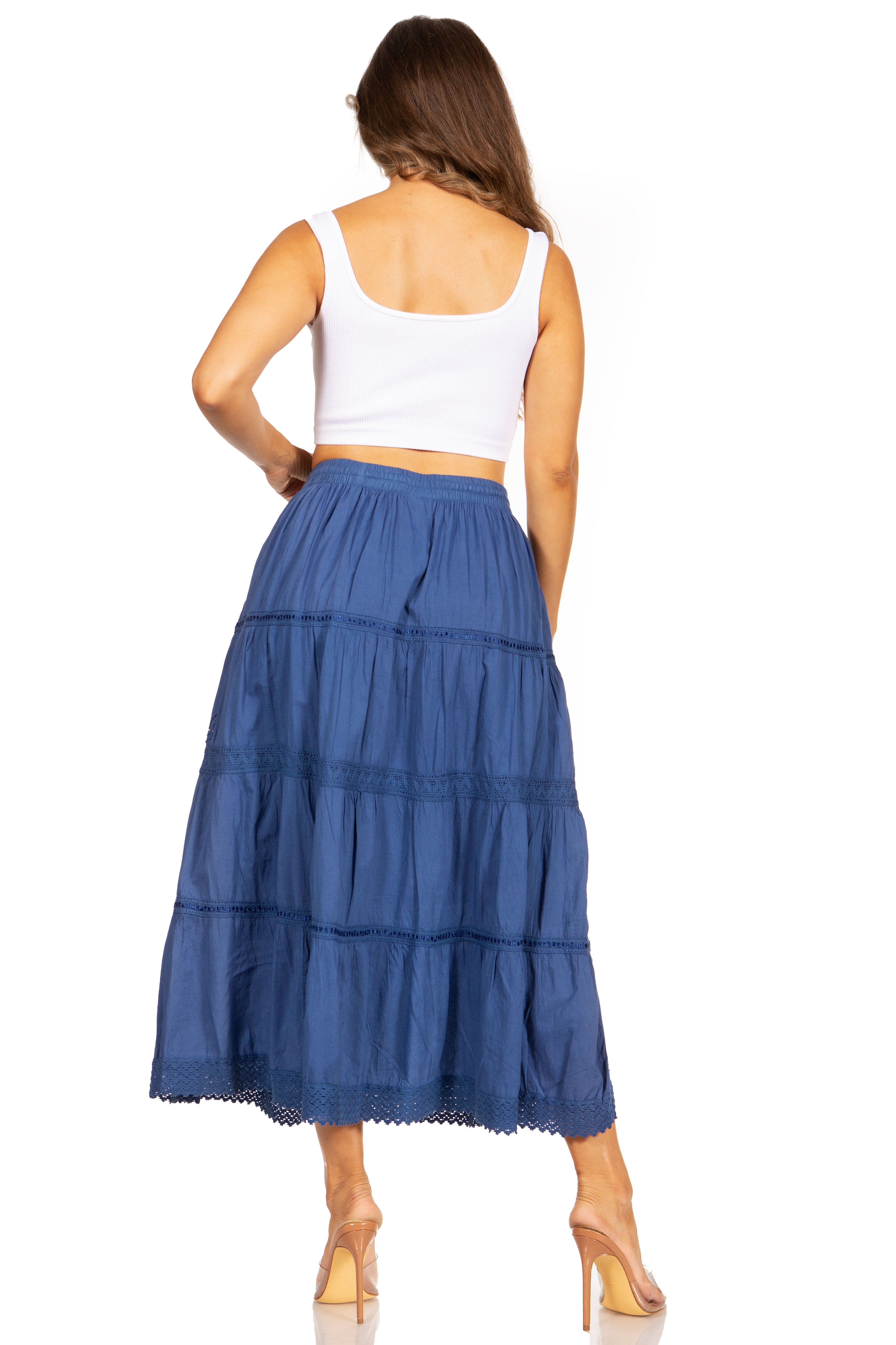 Sakkas - Solid Embroidered Crochet Lace Trim Gypsy Bohemian Mid Length Cotton Skirt