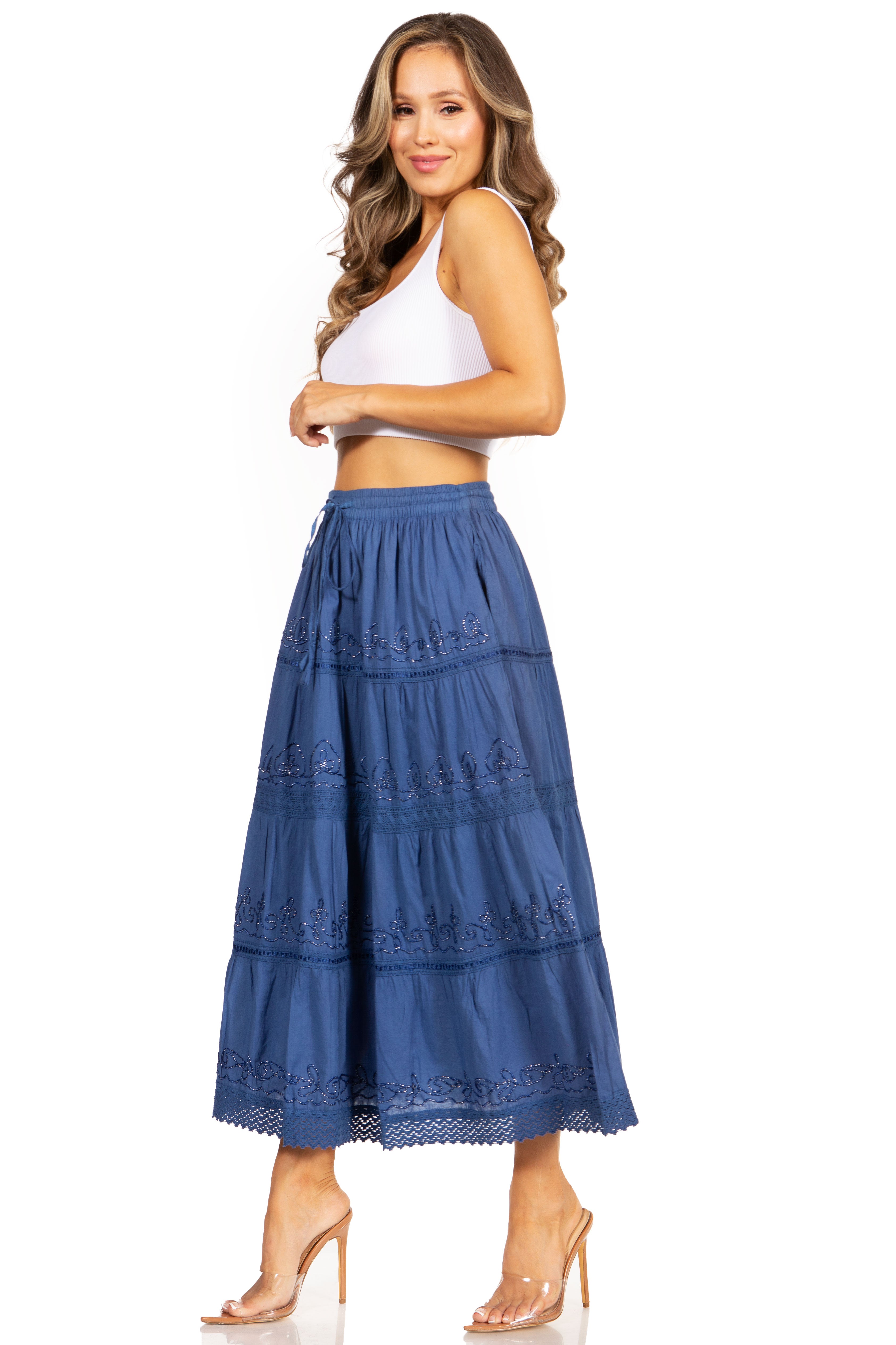 Sakkas - Solid Embroidered Crochet Lace Trim Gypsy Bohemian Mid Length Cotton Skirt