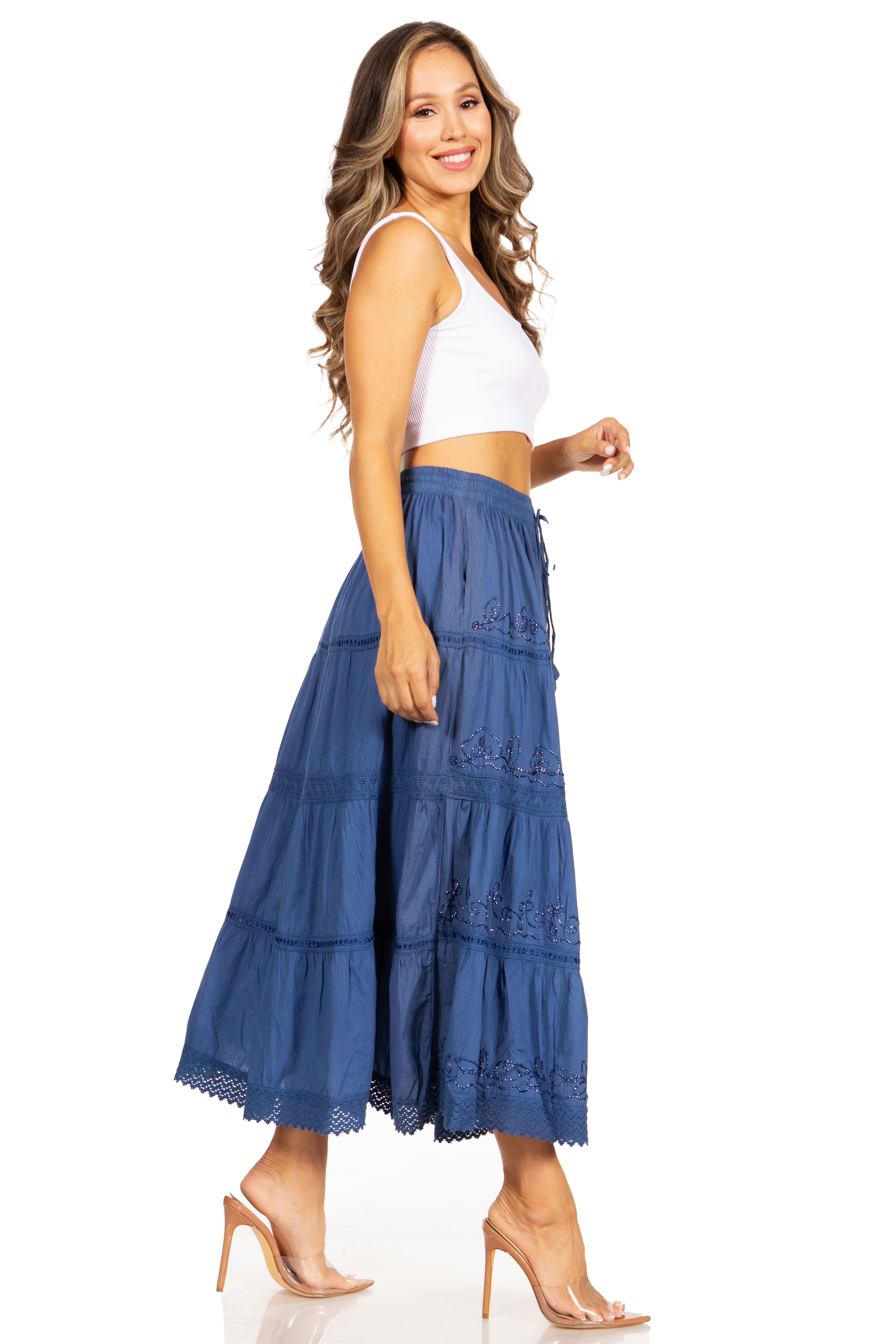 Sakkas - Solid Embroidered Crochet Lace Trim Gypsy Bohemian Mid Length Cotton Skirt
