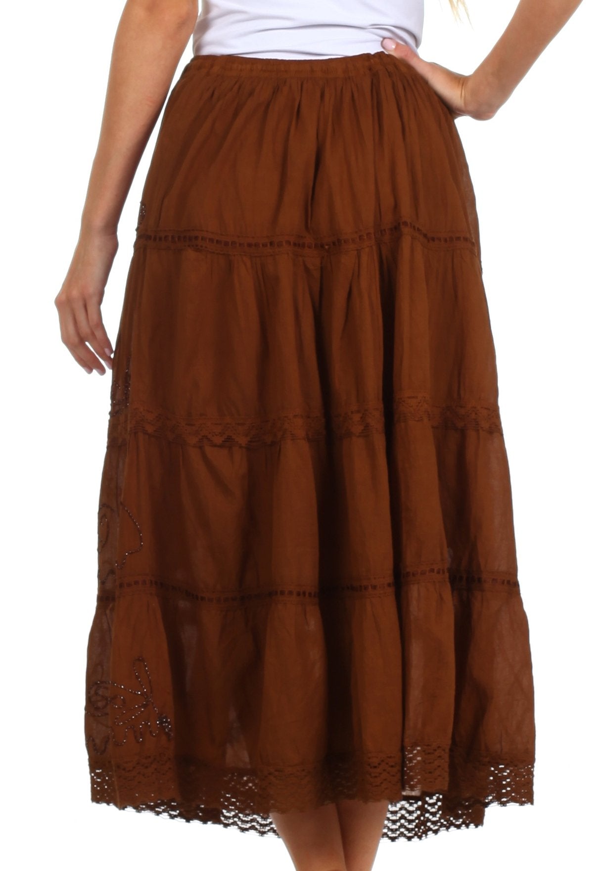 Sakkas - Solid Embroidered Crochet Lace Trim Gypsy Bohemian Mid Length Cotton Skirt