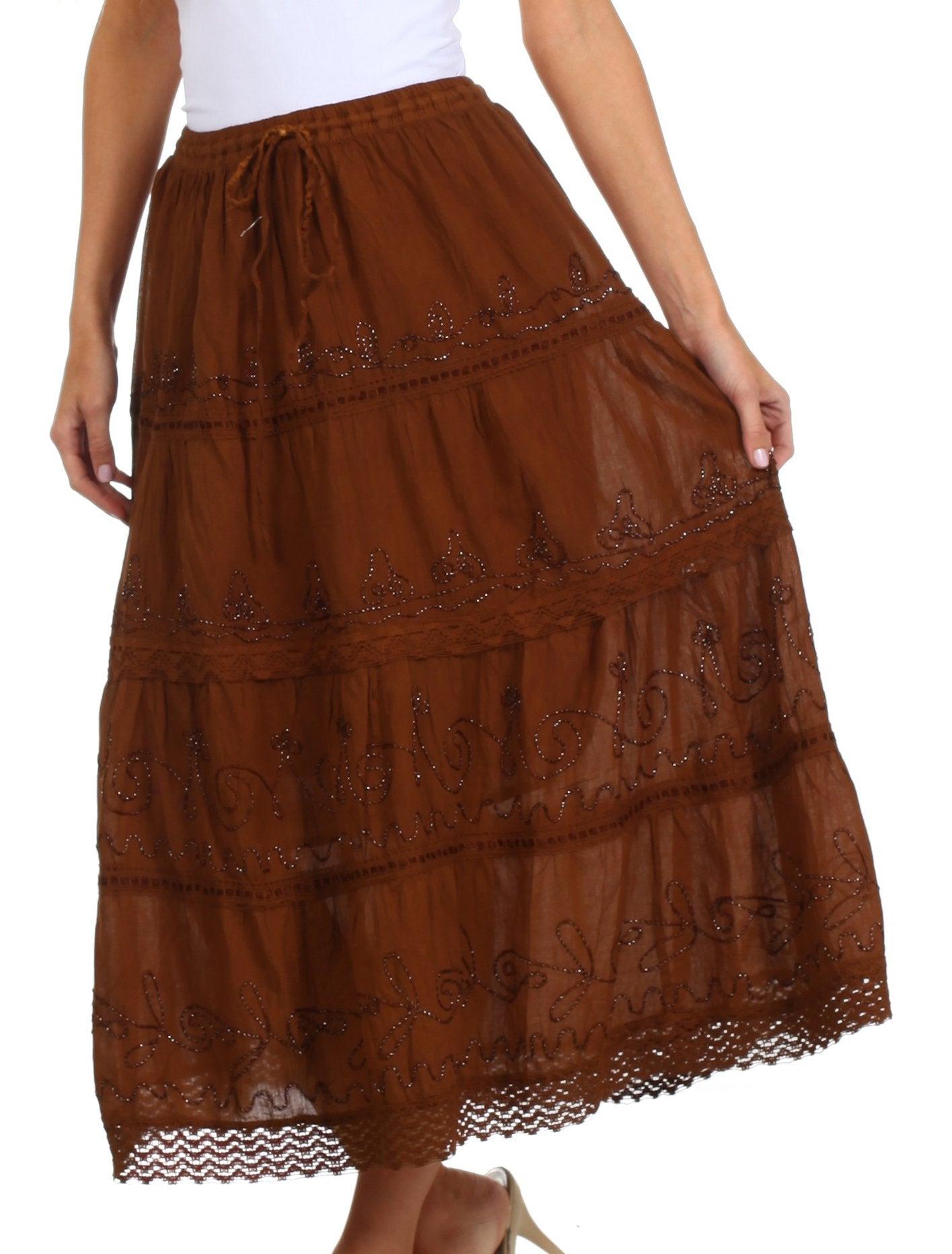 Sakkas - Solid Embroidered Crochet Lace Trim Gypsy Bohemian Mid Length Cotton Skirt