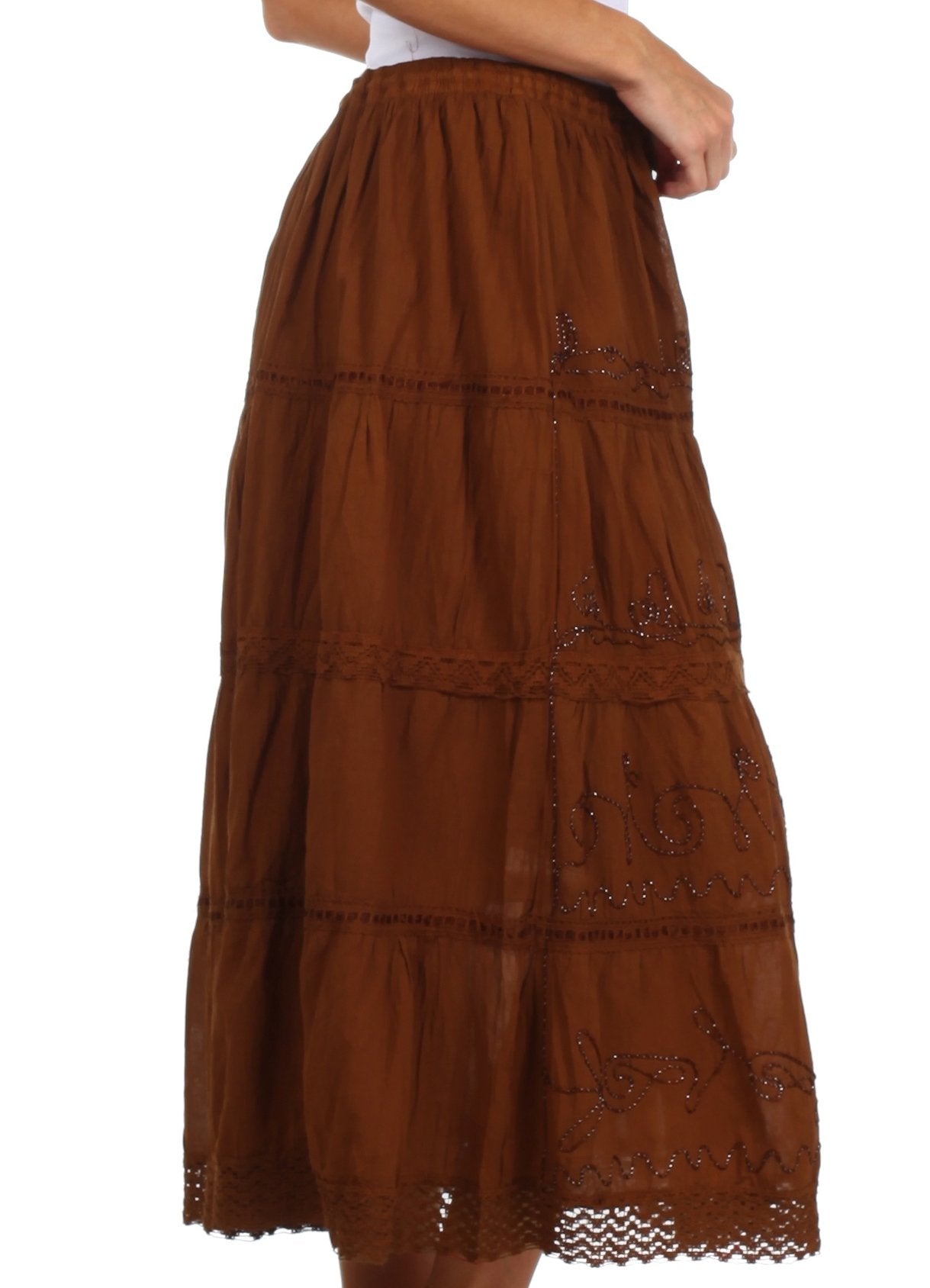 Sakkas - Solid Embroidered Crochet Lace Trim Gypsy Bohemian Mid Length Cotton Skirt
