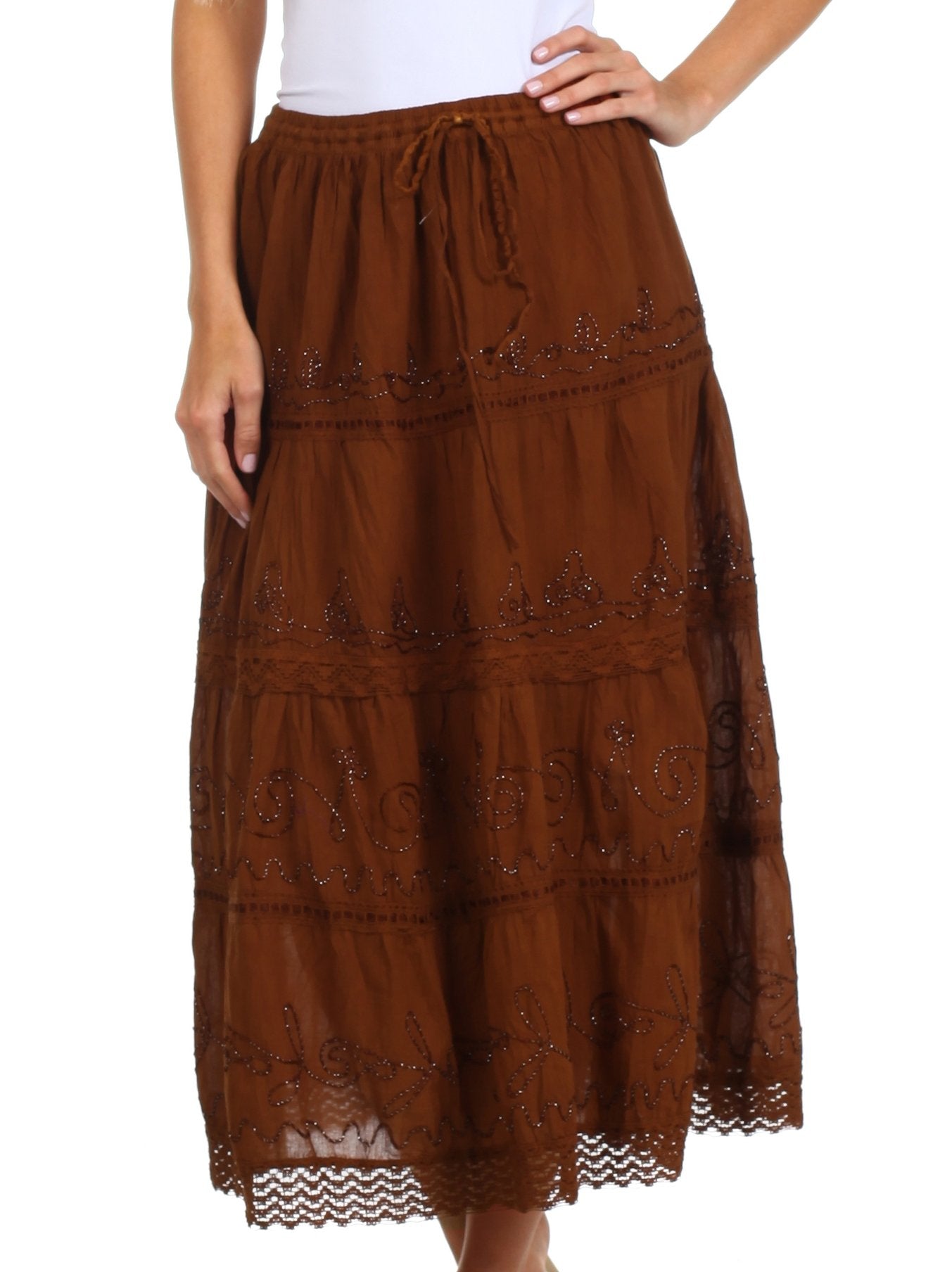 Sakkas - Solid Embroidered Crochet Lace Trim Gypsy Bohemian Mid Length Cotton Skirt