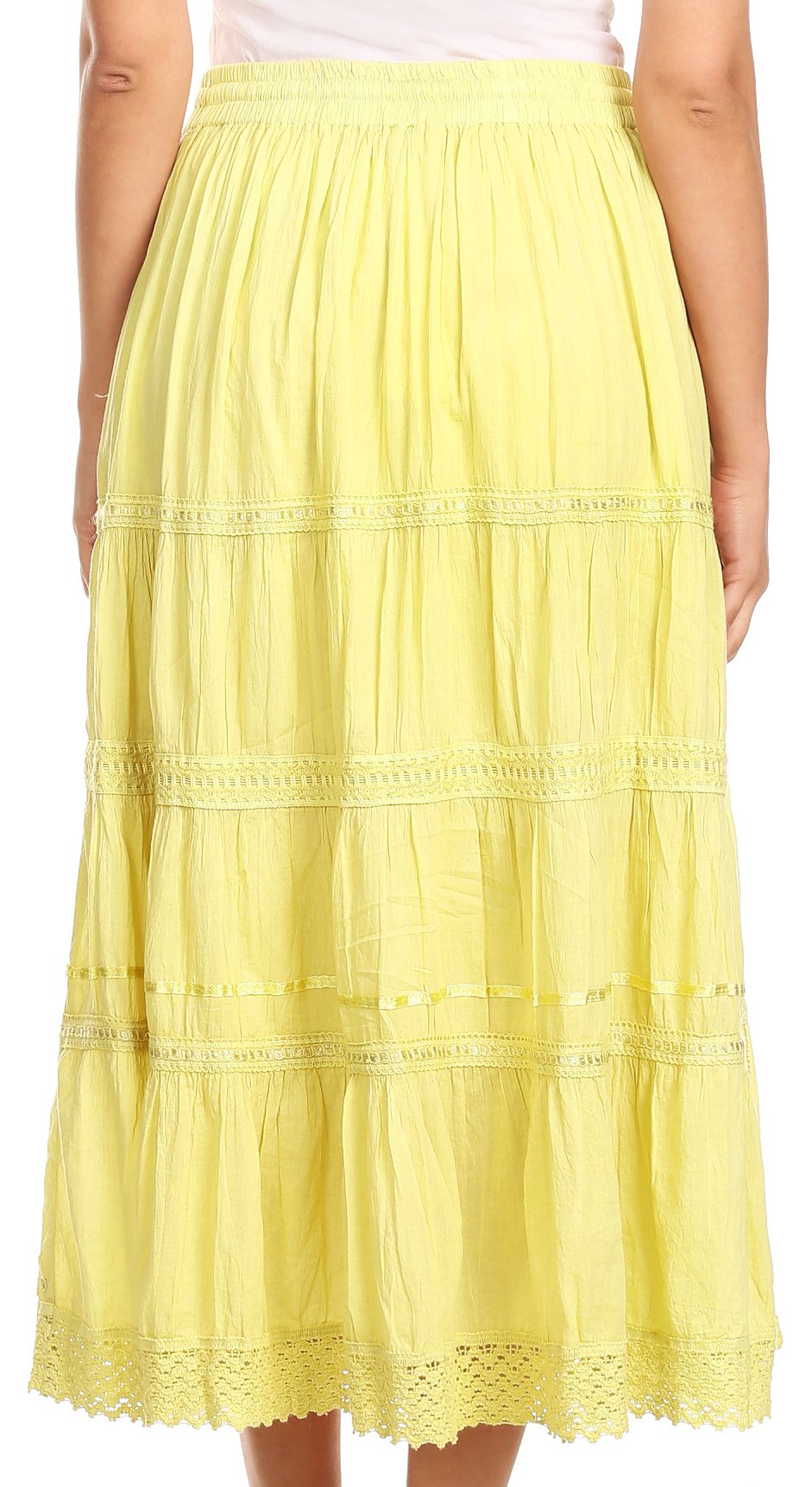 Sakkas - Solid Embroidered Crochet Lace Trim Gypsy Bohemian Mid Length Cotton Skirt