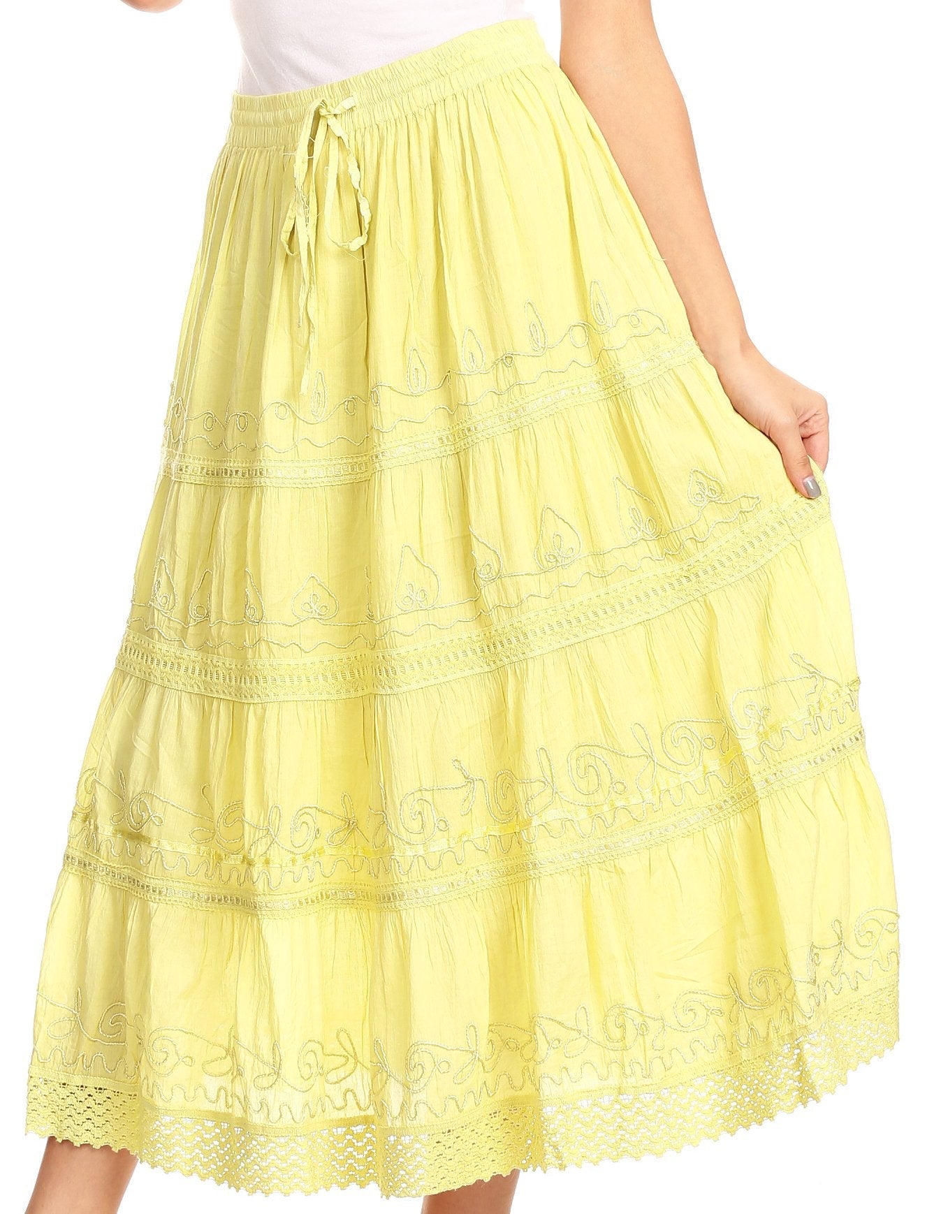 Sakkas - Solid Embroidered Crochet Lace Trim Gypsy Bohemian Mid Length Cotton Skirt