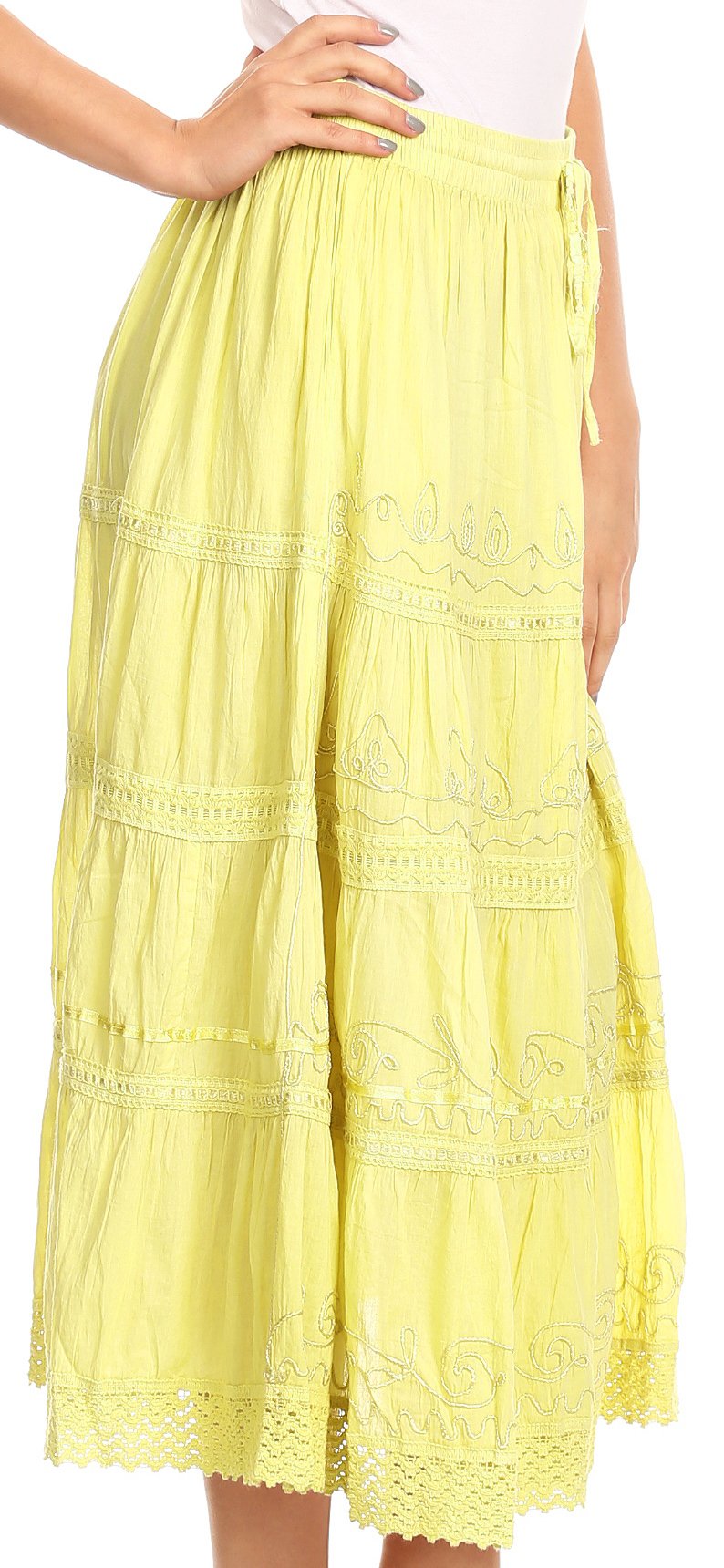 Sakkas - Solid Embroidered Crochet Lace Trim Gypsy Bohemian Mid Length Cotton Skirt