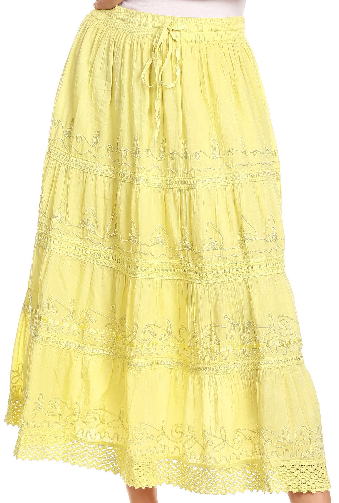 Sakkas - Solid Embroidered Crochet Lace Trim Gypsy Bohemian Mid Length Cotton Skirt