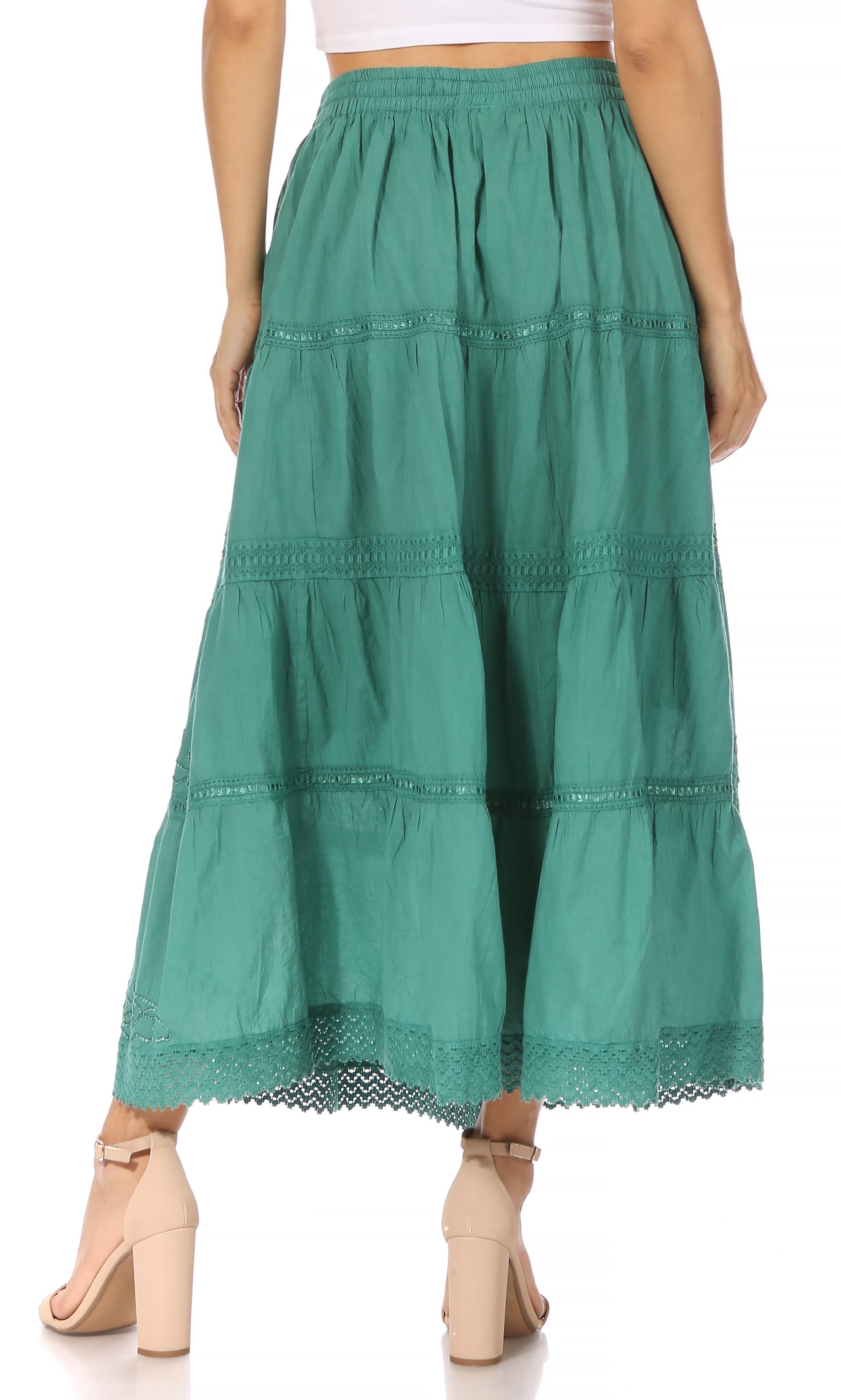 Sakkas - Solid Embroidered Crochet Lace Trim Gypsy Bohemian Mid Length Cotton Skirt