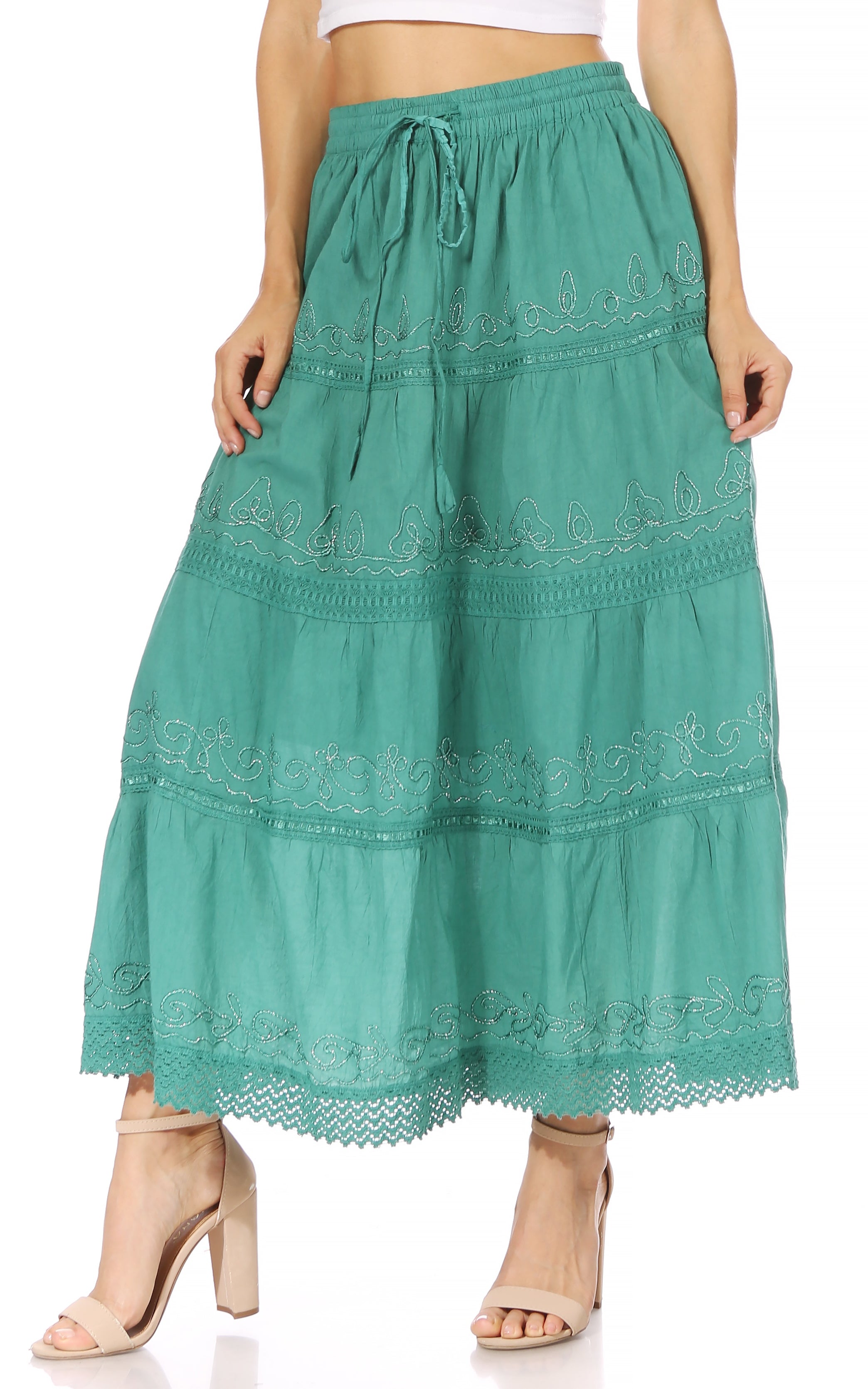 Sakkas - Solid Embroidered Crochet Lace Trim Gypsy Bohemian Mid Length Cotton Skirt