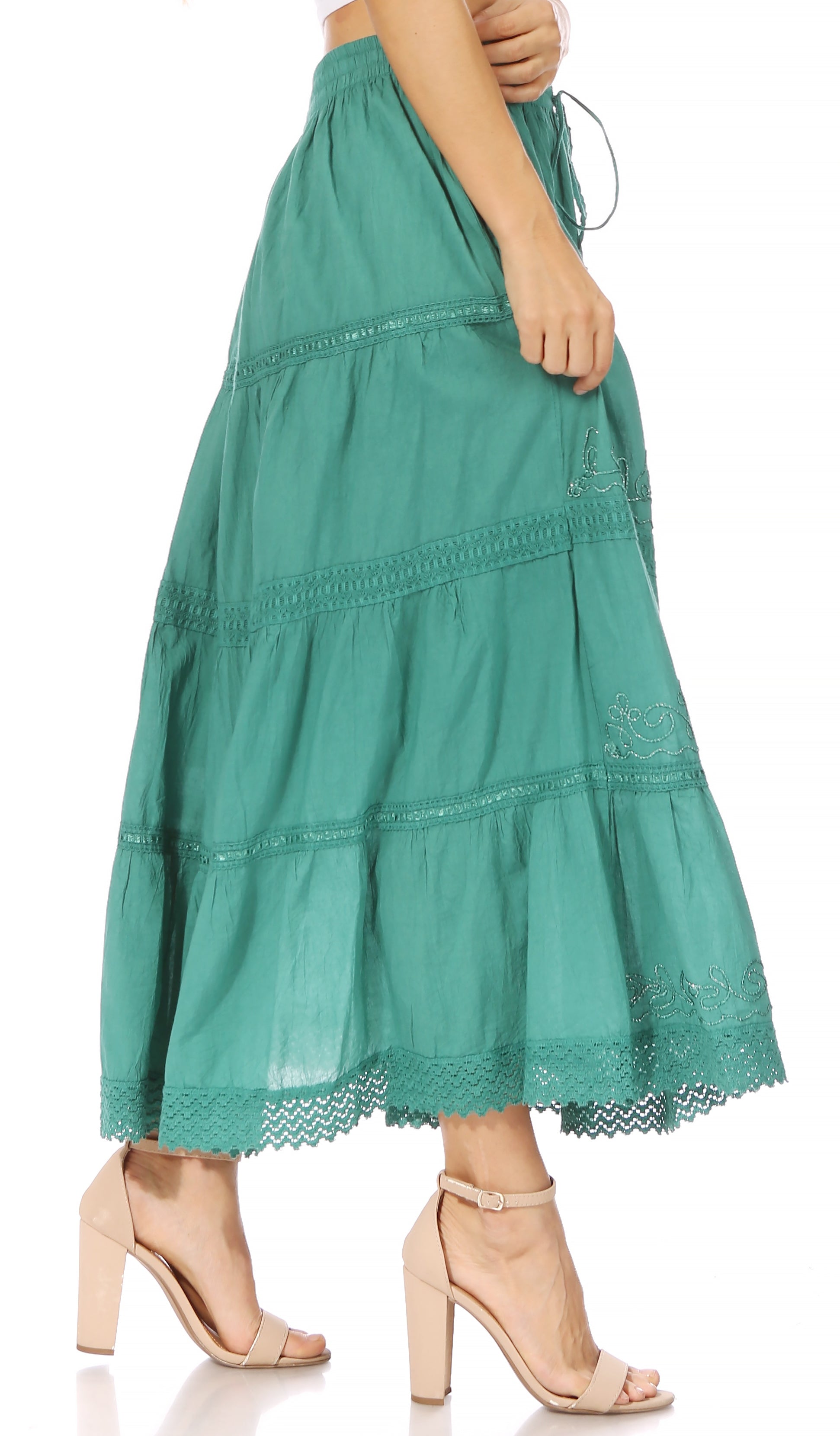 Sakkas - Solid Embroidered Crochet Lace Trim Gypsy Bohemian Mid Length Cotton Skirt