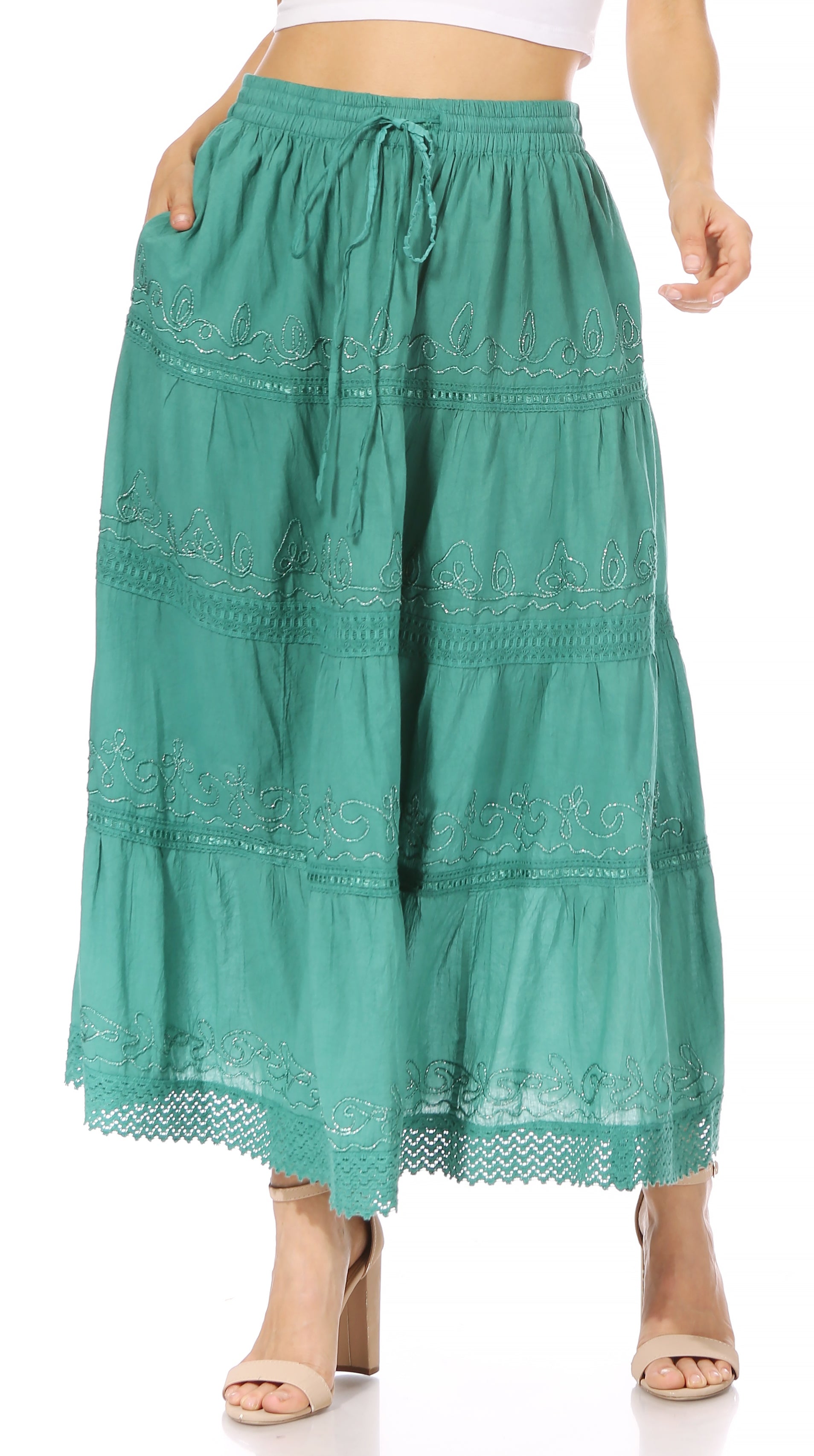 Sakkas - Solid Embroidered Crochet Lace Trim Gypsy Bohemian Mid Length Cotton Skirt