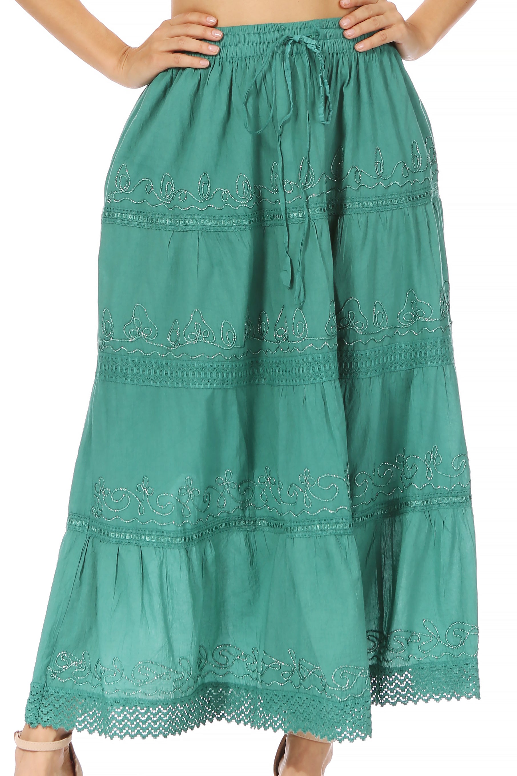 Sakkas - Solid Embroidered Crochet Lace Trim Gypsy Bohemian Mid Length Cotton Skirt