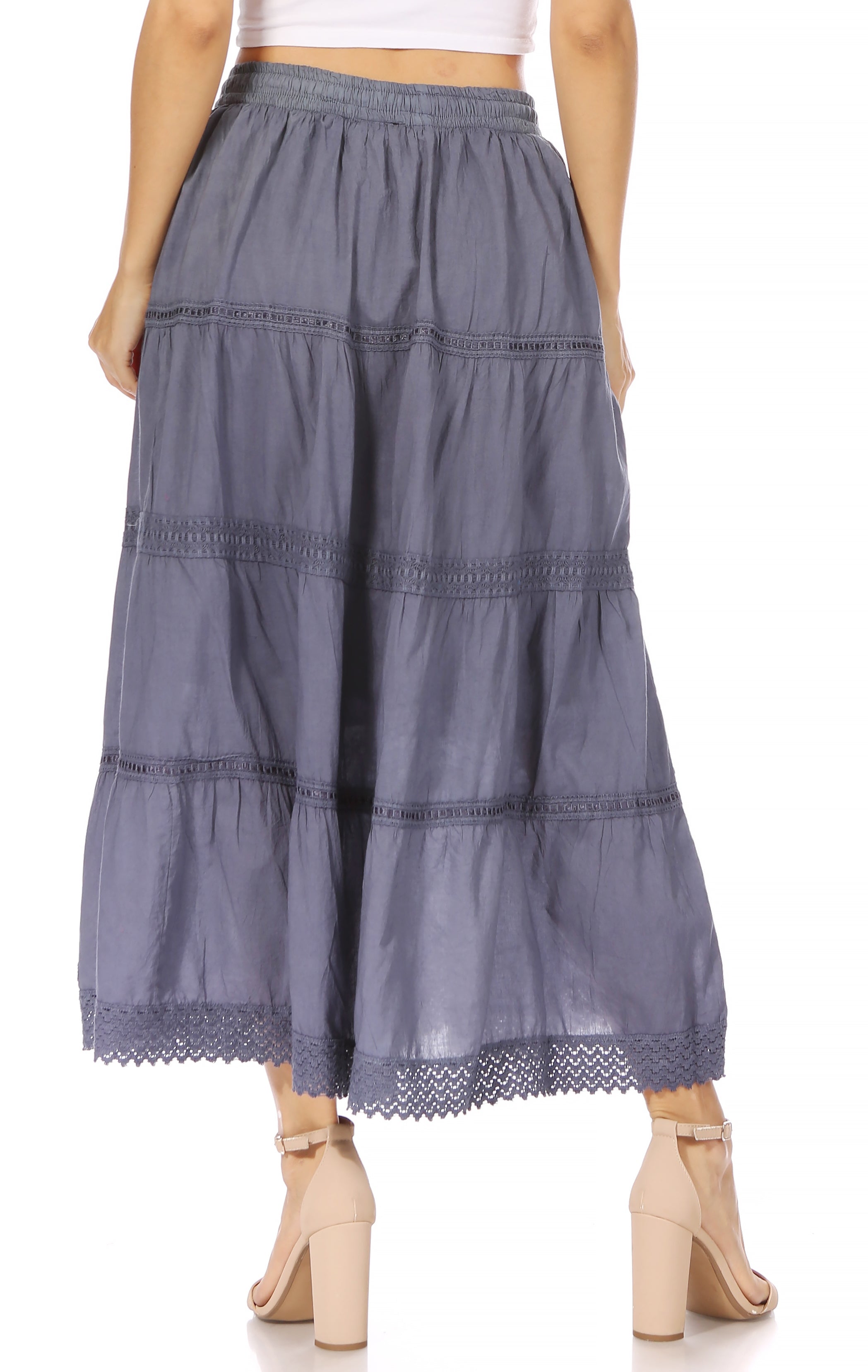Sakkas - Solid Embroidered Crochet Lace Trim Gypsy Bohemian Mid Length Cotton Skirt