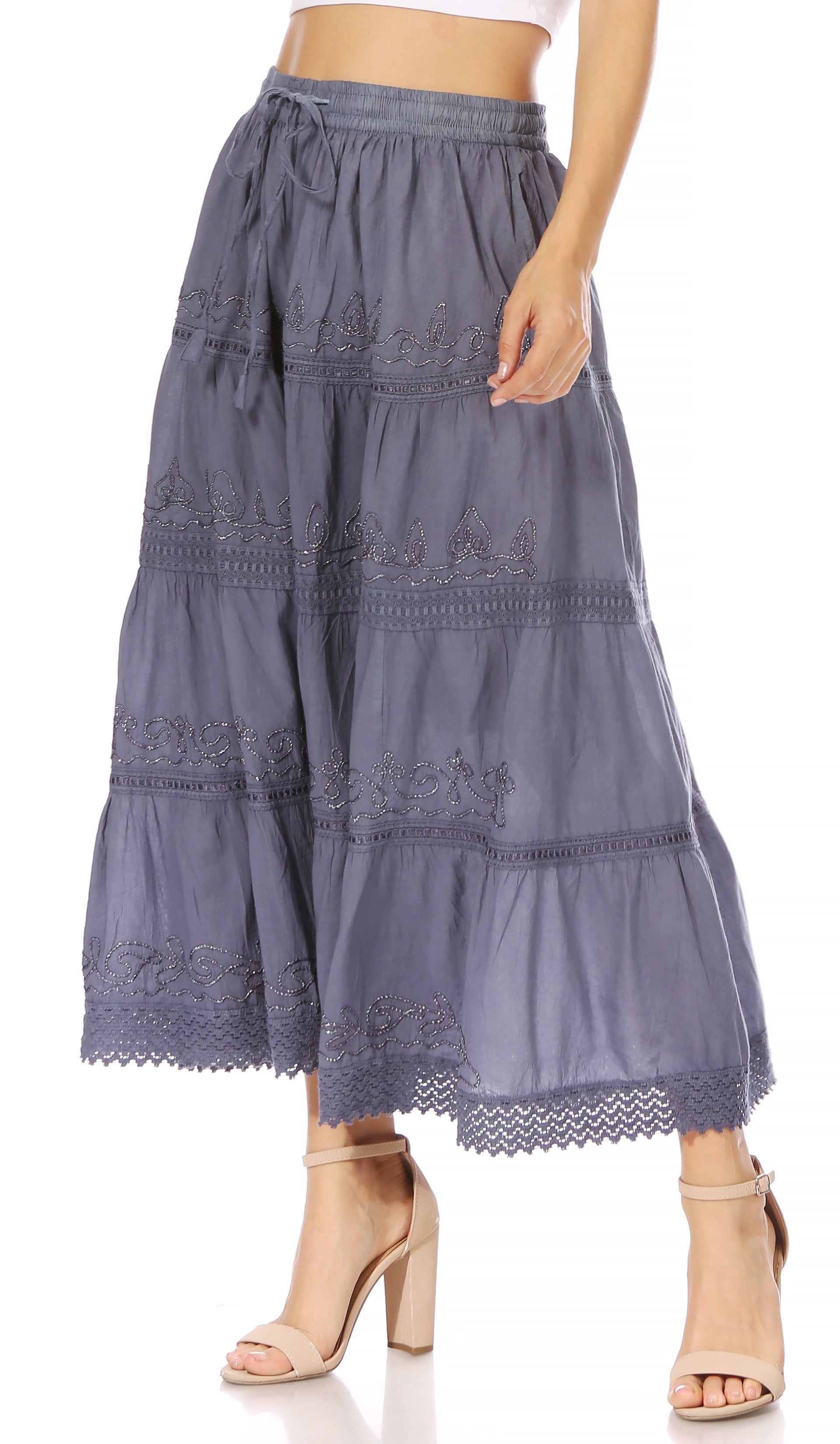 Sakkas - Solid Embroidered Crochet Lace Trim Gypsy Bohemian Mid Length Cotton Skirt