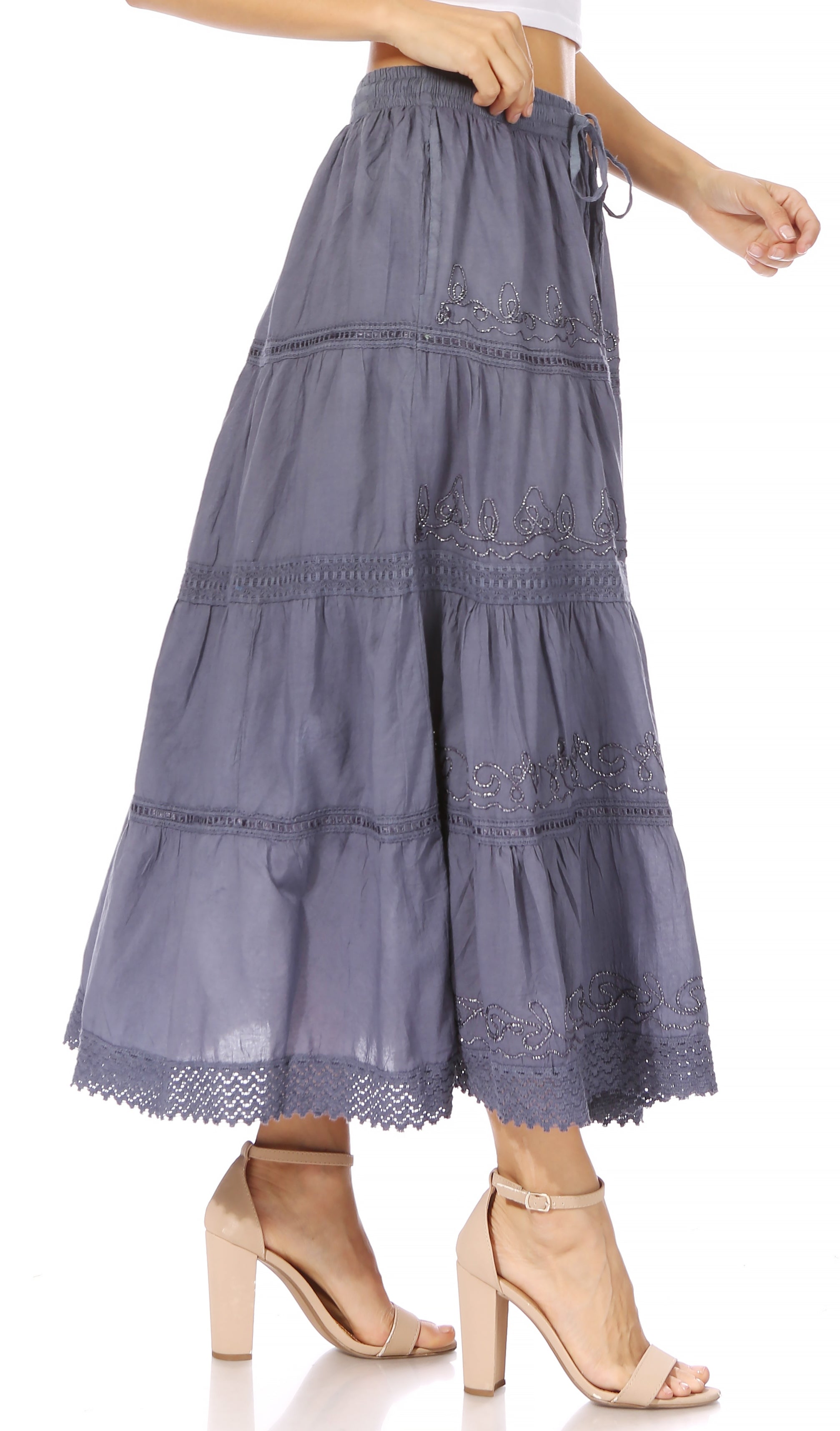 Sakkas - Solid Embroidered Crochet Lace Trim Gypsy Bohemian Mid Length Cotton Skirt