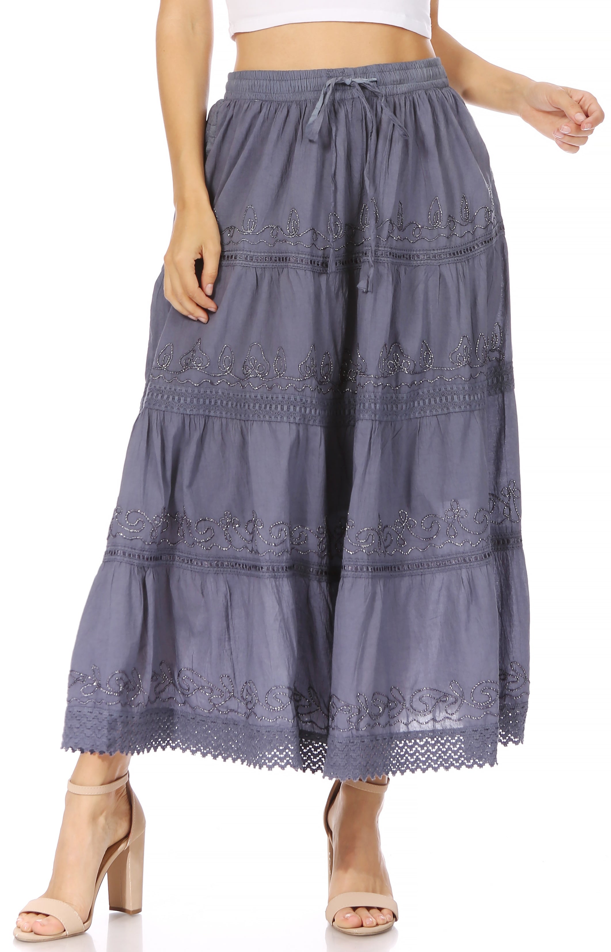 Sakkas - Solid Embroidered Crochet Lace Trim Gypsy Bohemian Mid Length Cotton Skirt