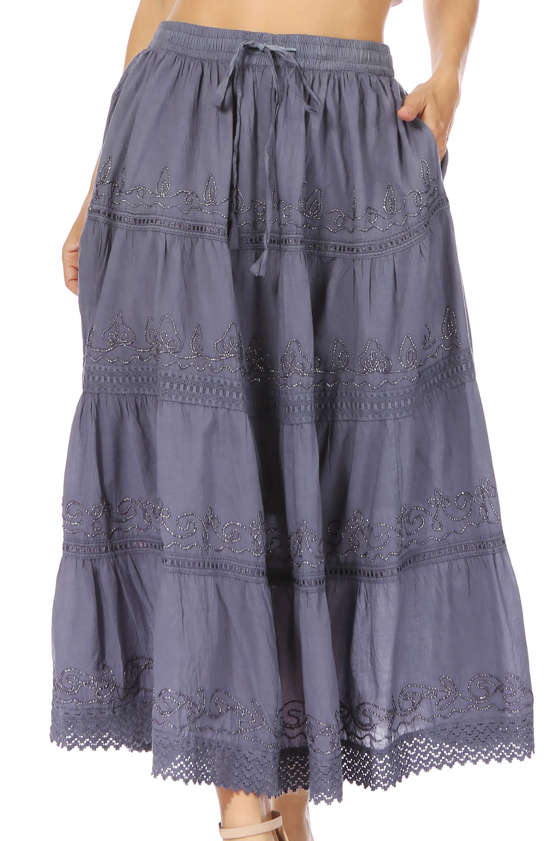 Sakkas - Solid Embroidered Crochet Lace Trim Gypsy Bohemian Mid Length Cotton Skirt