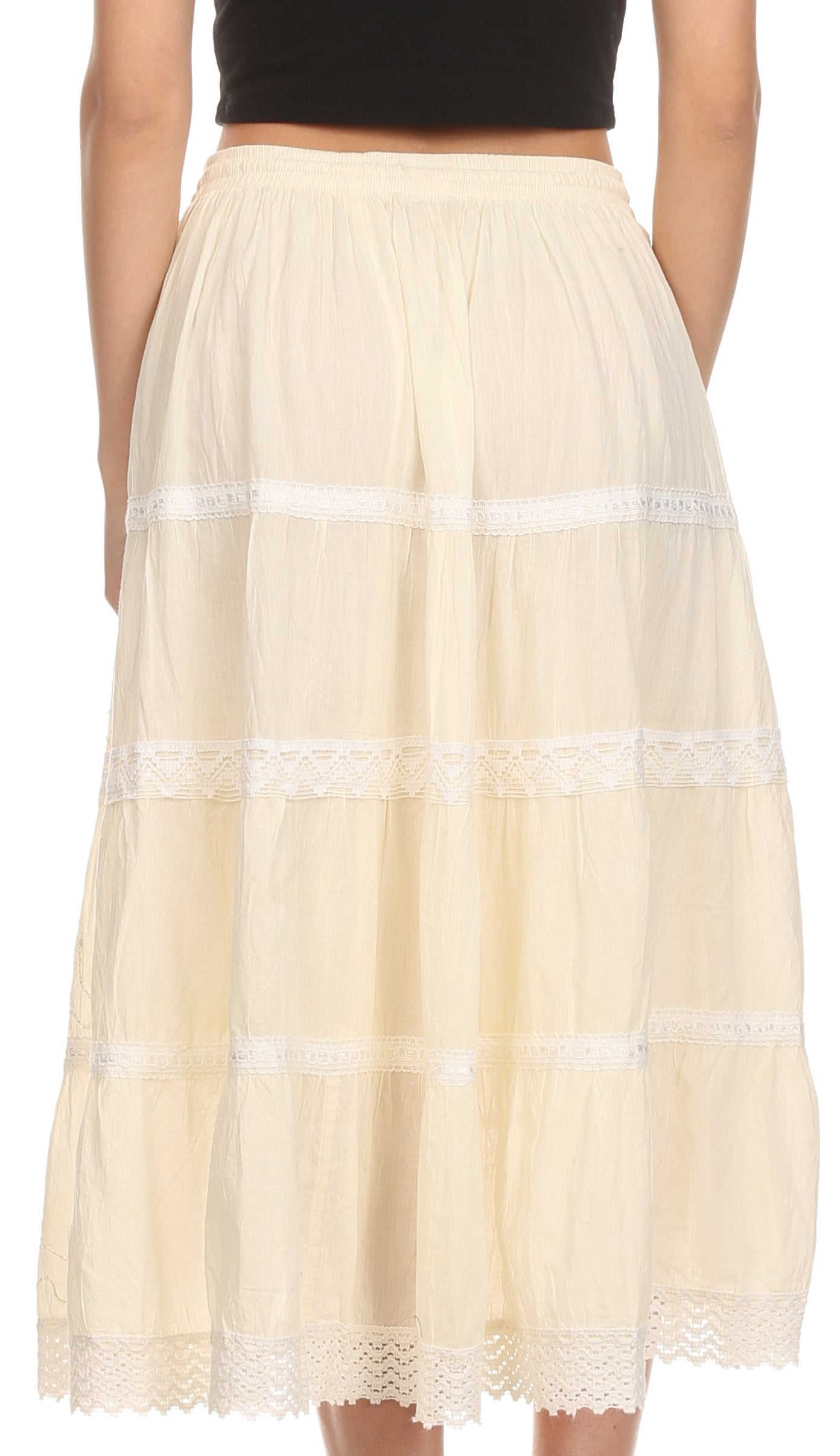 Sakkas - Solid Embroidered Crochet Lace Trim Gypsy Bohemian Mid Length Cotton Skirt
