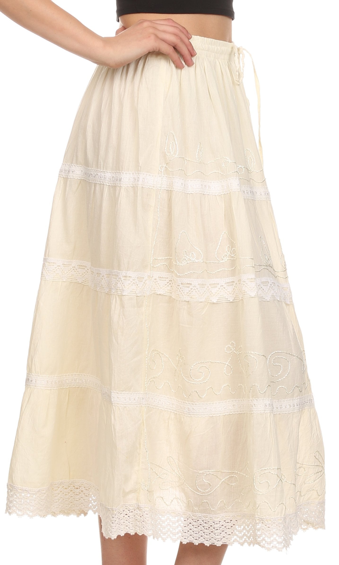 Sakkas - Solid Embroidered Crochet Lace Trim Gypsy Bohemian Mid Length Cotton Skirt