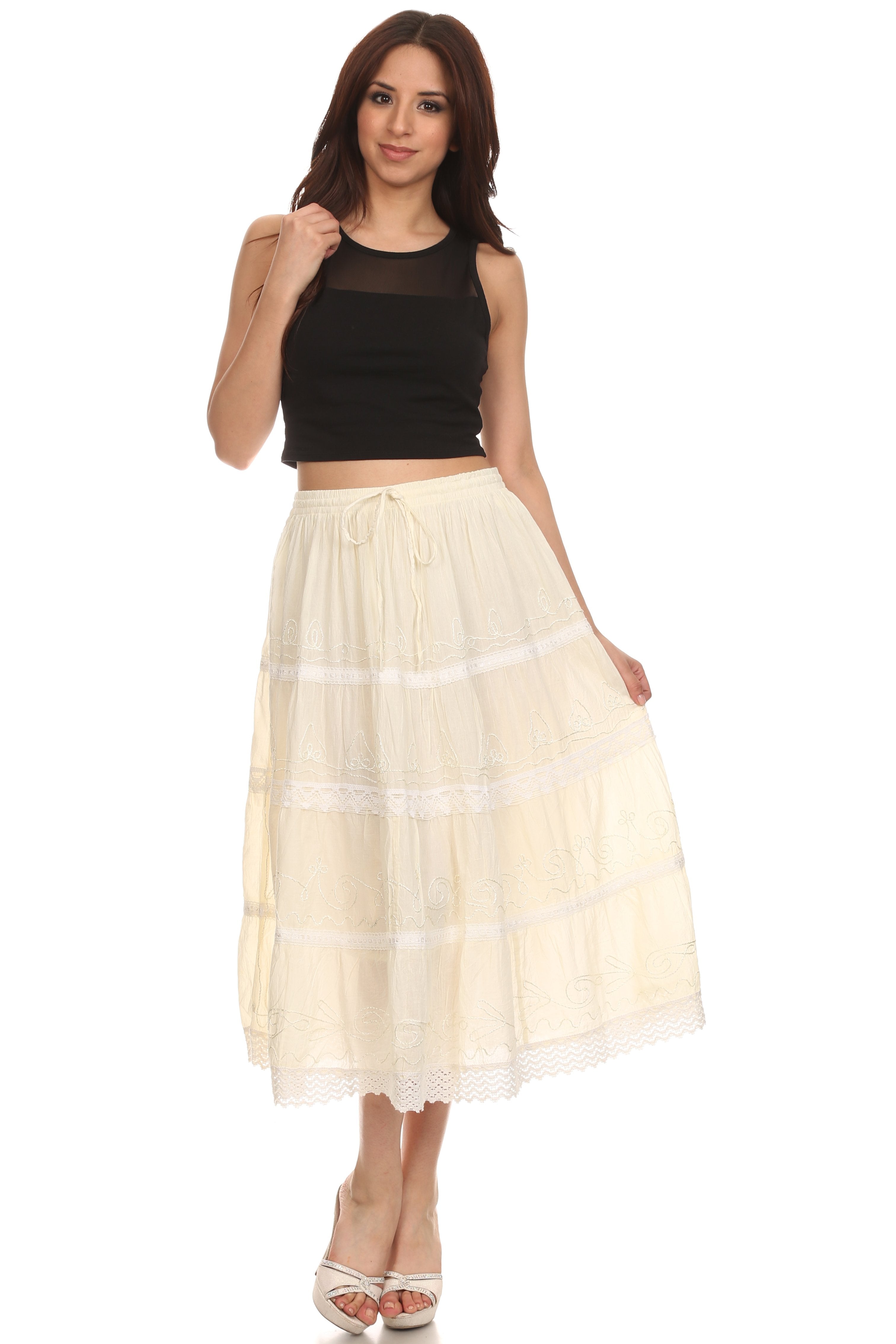 Sakkas - Solid Embroidered Crochet Lace Trim Gypsy Bohemian Mid Length Cotton Skirt