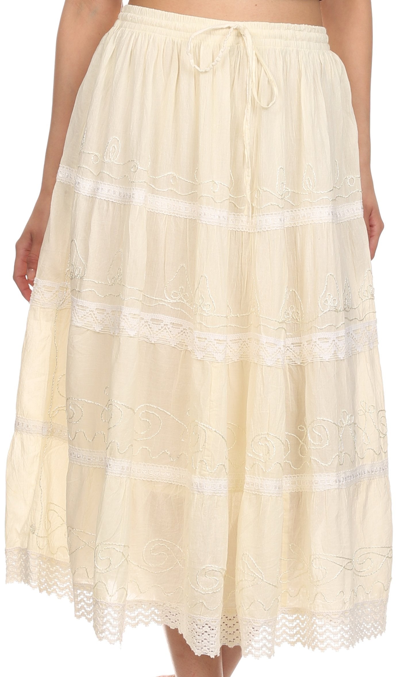 Sakkas - Solid Embroidered Crochet Lace Trim Gypsy Bohemian Mid Length Cotton Skirt